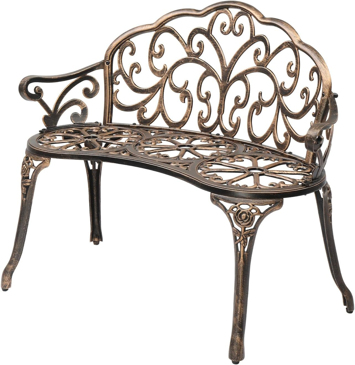 Studio view of an antique bronze-finished ornate metal two-person bench with scrollwork.