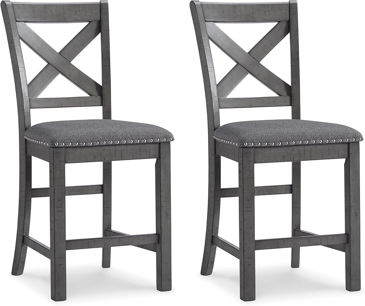 Pair of X-back counter stools with nailhead-trim upholstered seats shown on white background