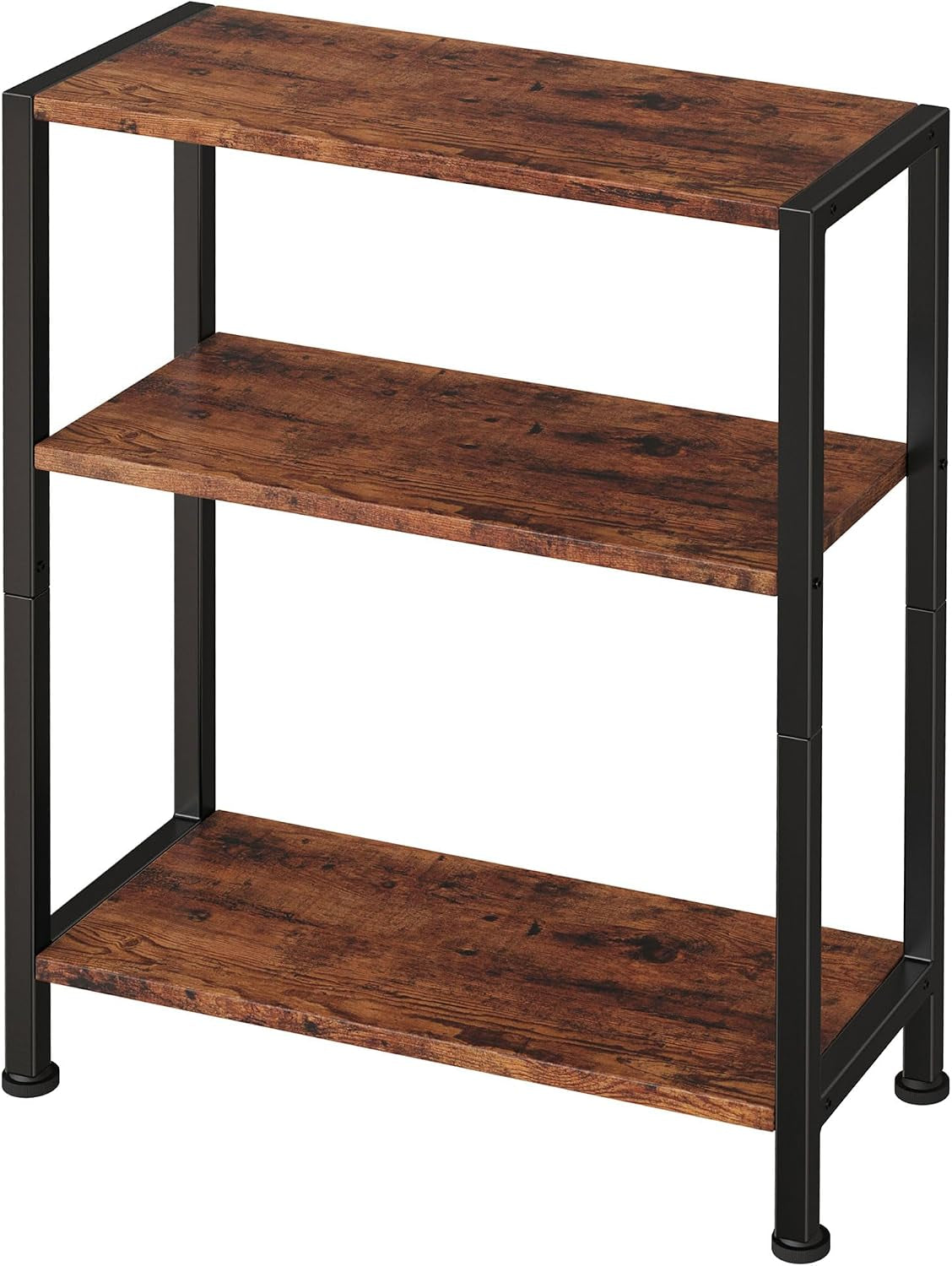 Front three-quarter view of narrow three-tier table with wood-look shelves and black rectangular metal legs.