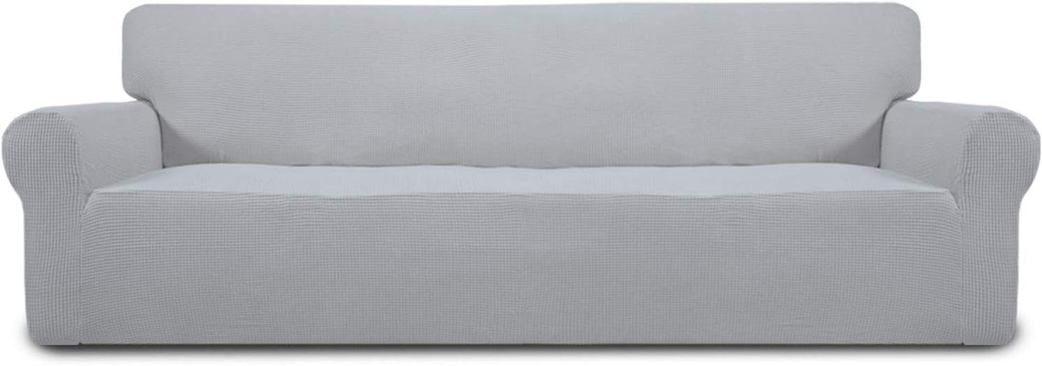 Front-facing loveseat with a light gray textured slipcover shown against a white background