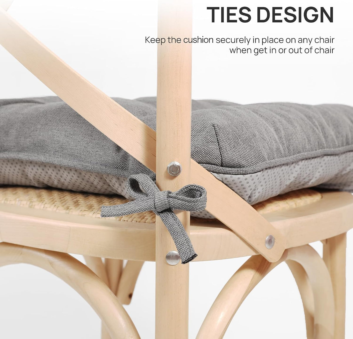 Side view of cushion on a chair showing tied fabric straps secured to the chair frame