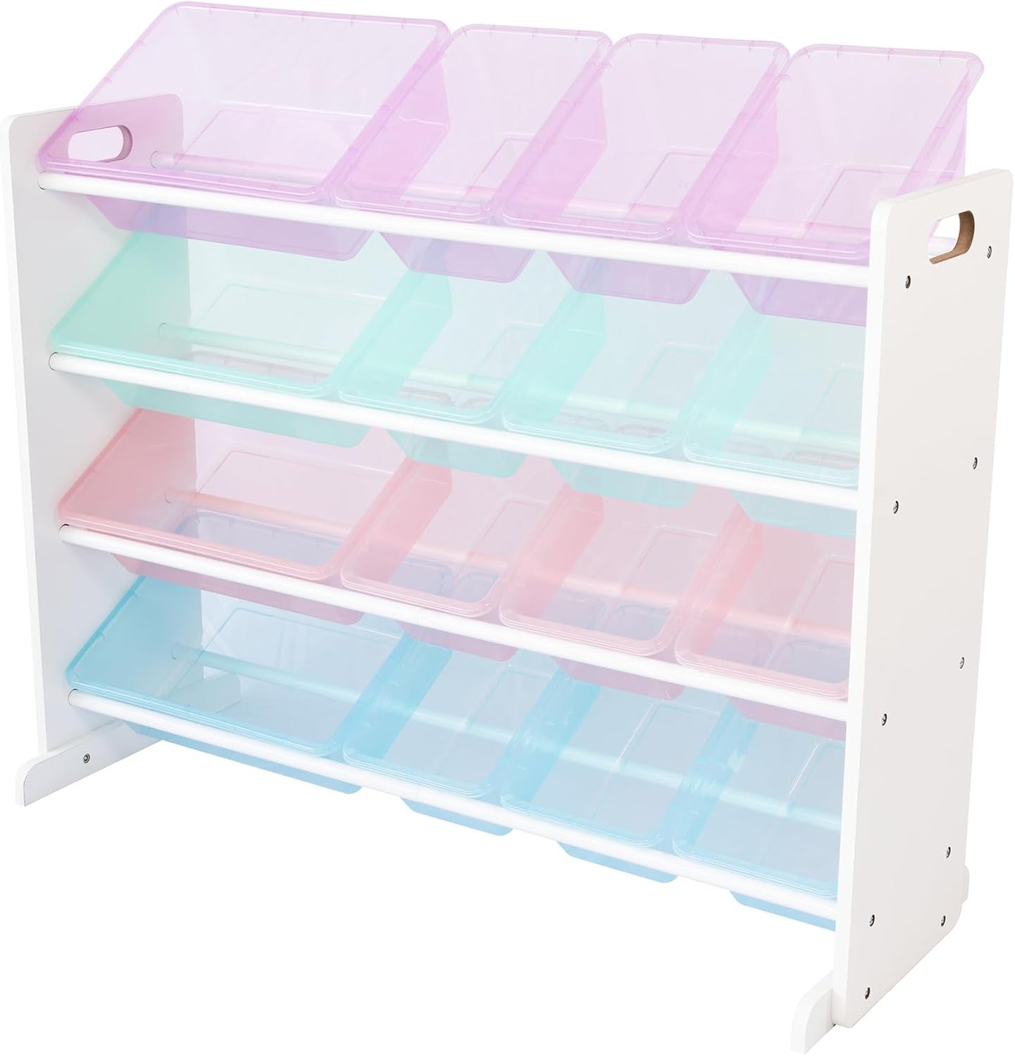 Front view of a four-tier white toy organizer with 16 translucent pastel bins in pink, mint, and blue