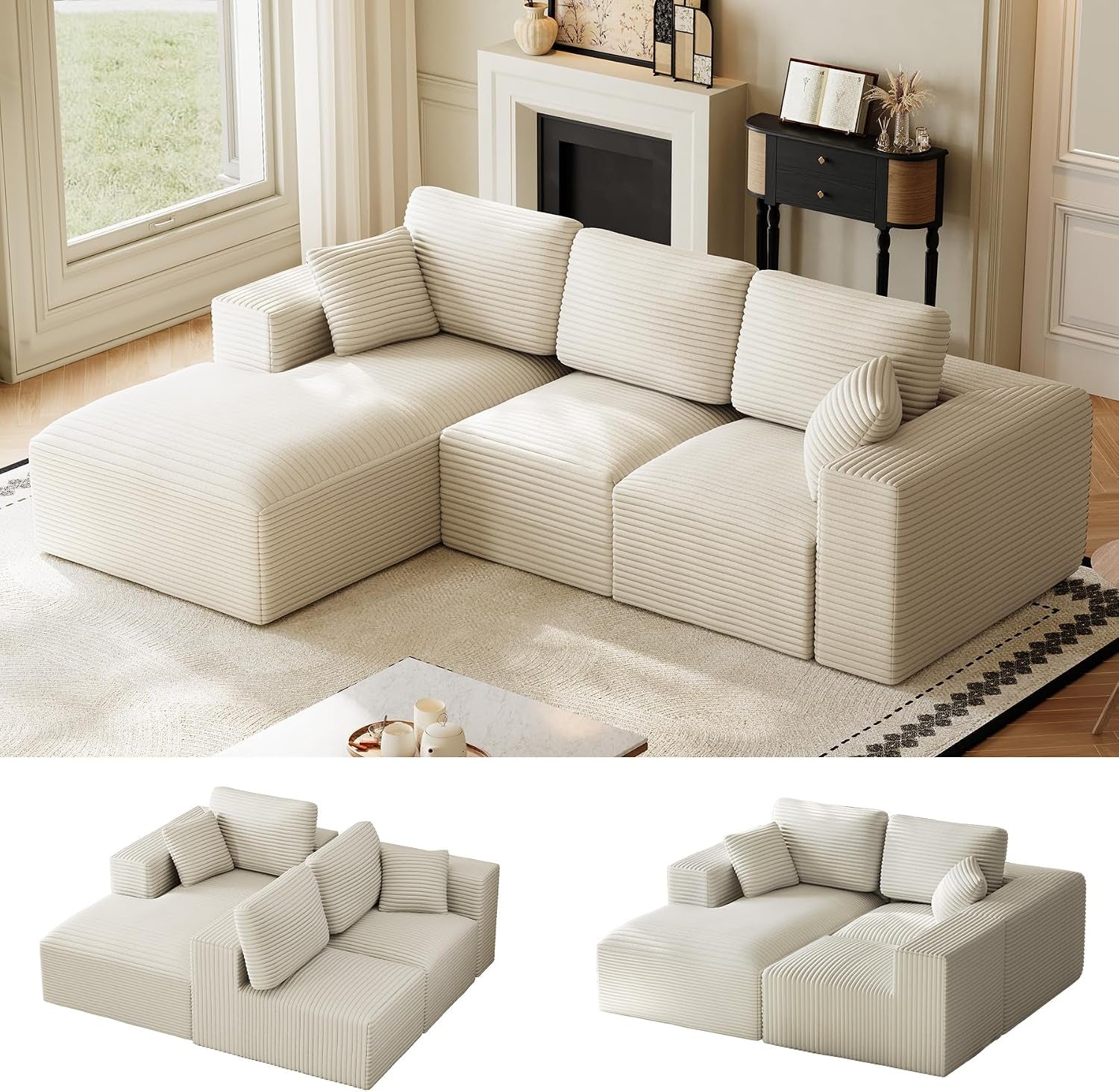 Cream-colored modular L-shaped sectional with chaise shown in a room and two smaller configuration thumbnails below.