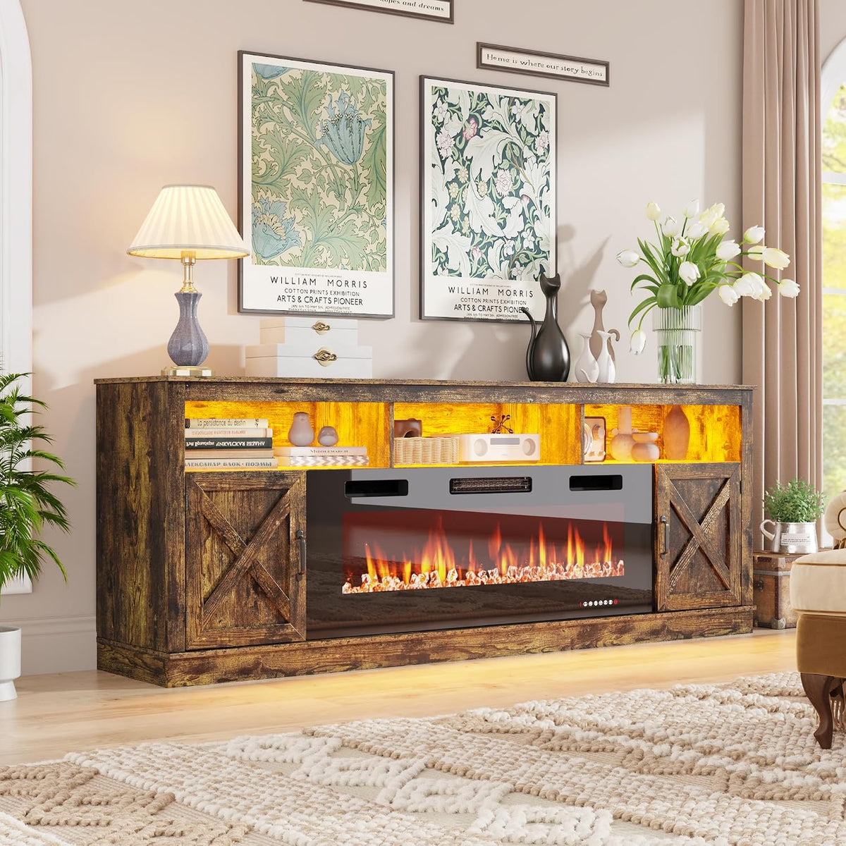 Low angled shot of a rustic brown console showing textured wood grain, warm shelf lighting and a patterned rug edge.