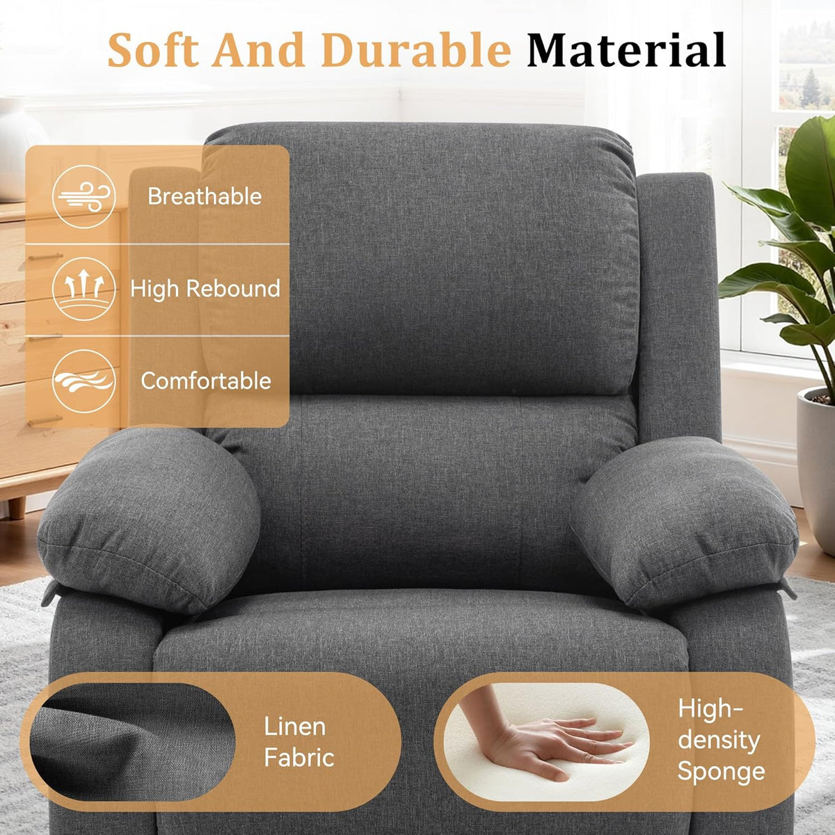Close-up front view of dark gray recliner showing padded back, seat and rounded arm cushions in a bright room.