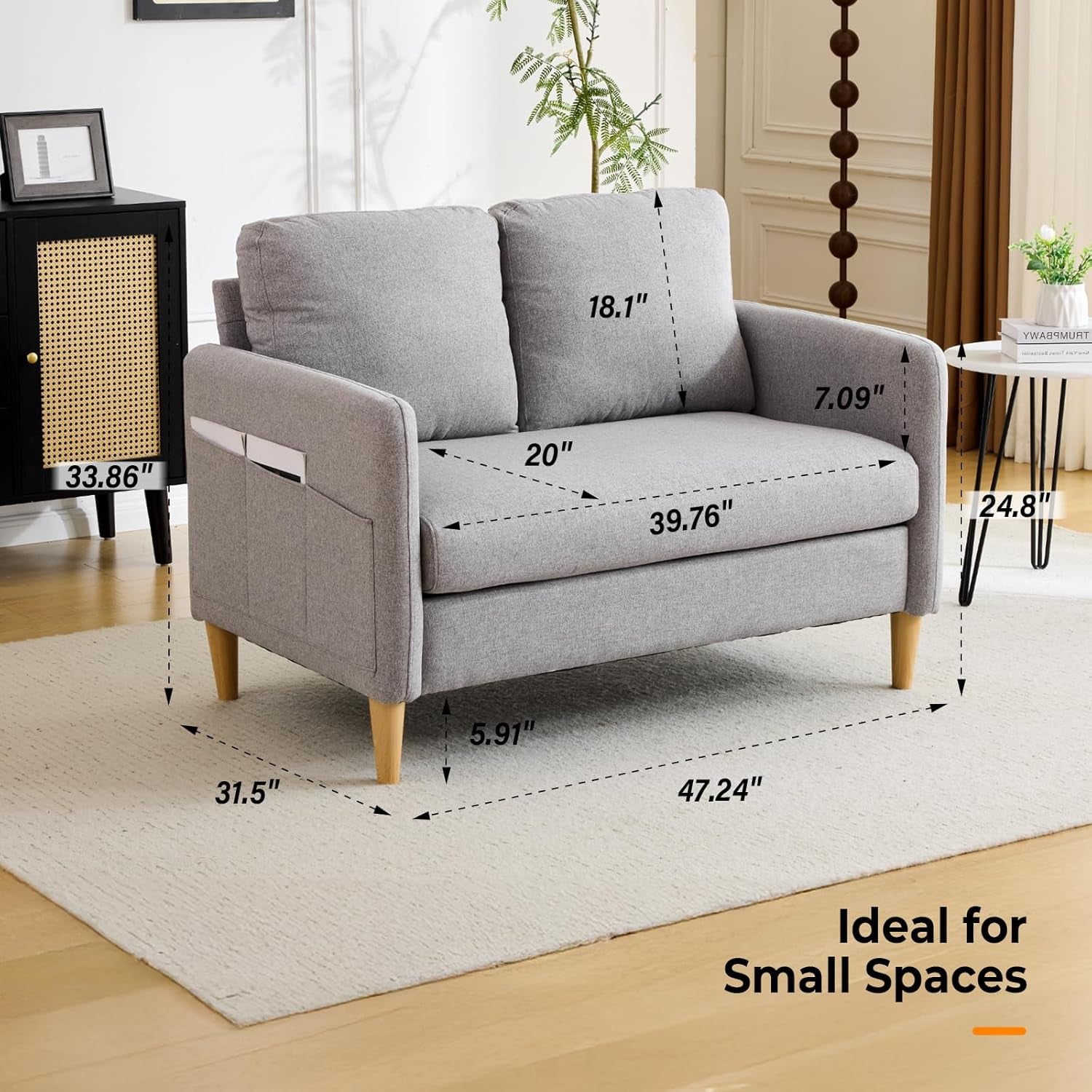 Light grey loveseat front view with measurement callouts overlaid showing seat and overall dimensions