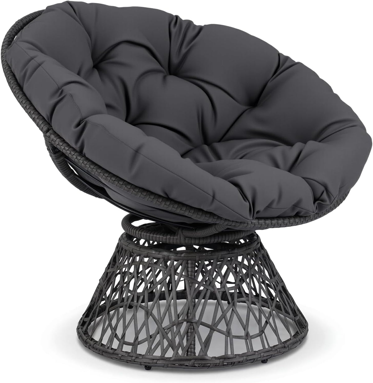 Close three-quarter view showing charcoal cushion and woven rattan-style swivel base.