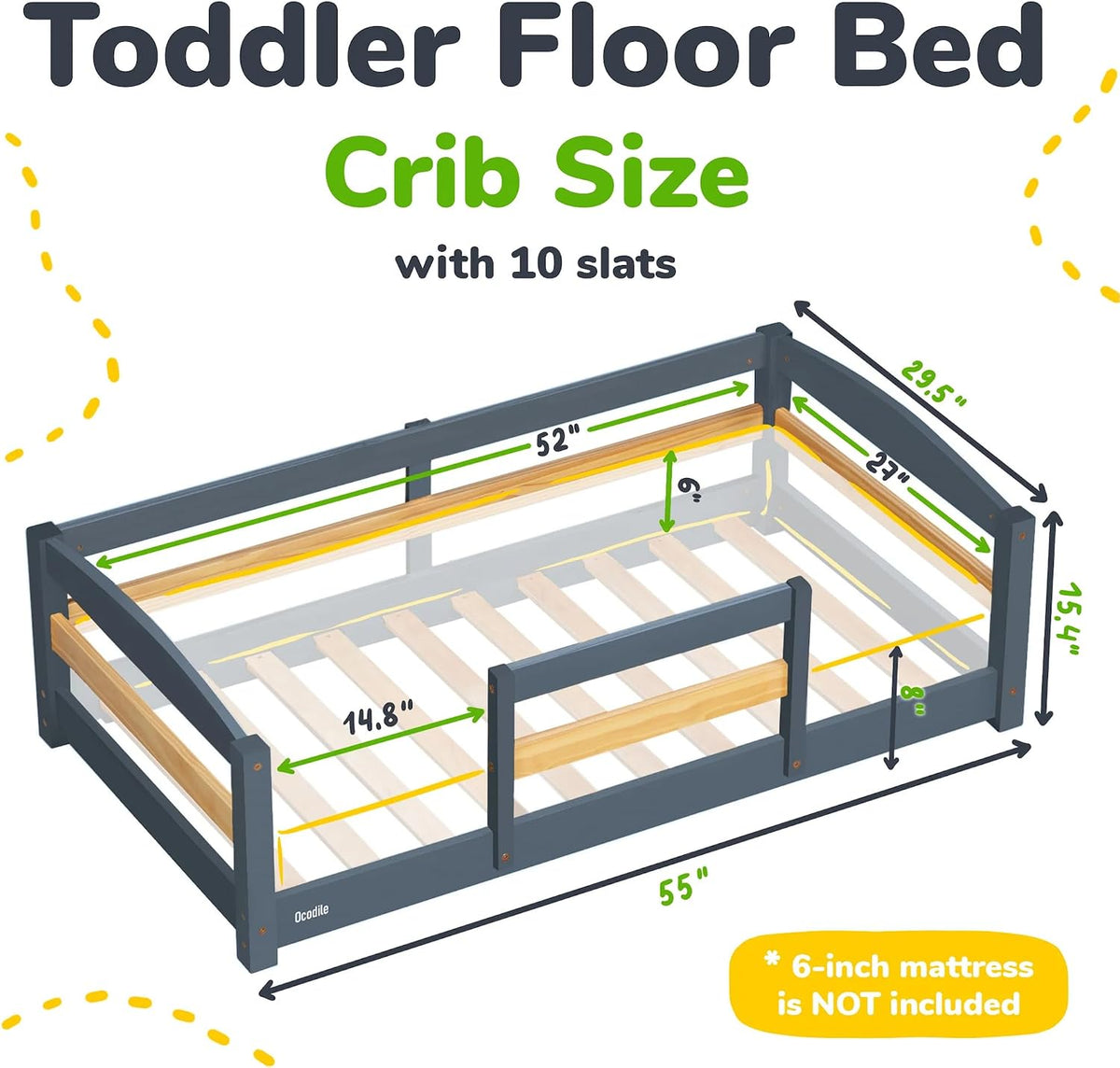 Illustrated bed frame diagram showing measurements and slatted base in gray and wood tones.