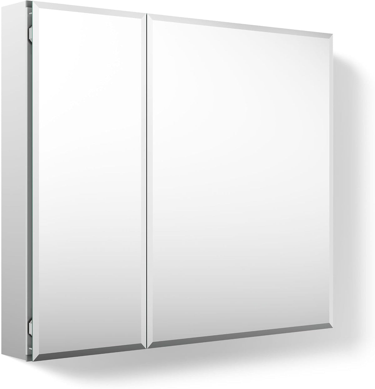 Three-quarter frontal view emphasizing the beveled mirror edges and the slim white cabinet body casting a shadow.
