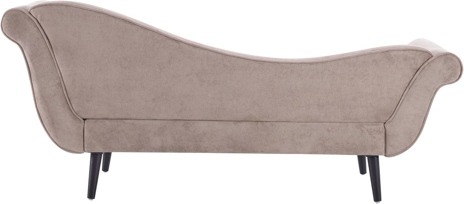 Profile view of the chaise showing scrolled arms, a low back and splayed dark wood legs.