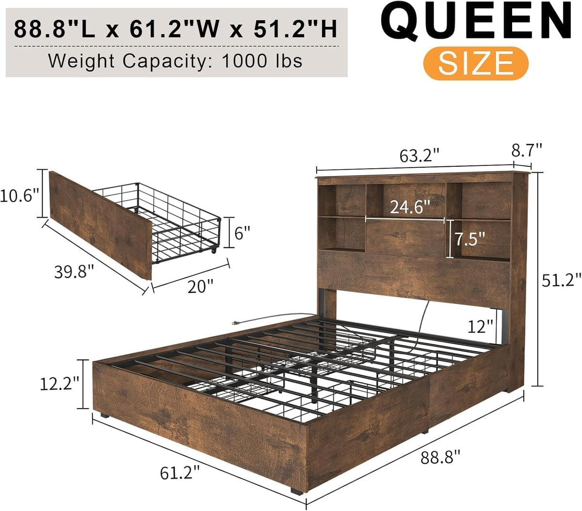 Brown queen bed frame with dimensional callouts showing 88.8" L x 61.2" W x 51.2" H and drawer sizes.
