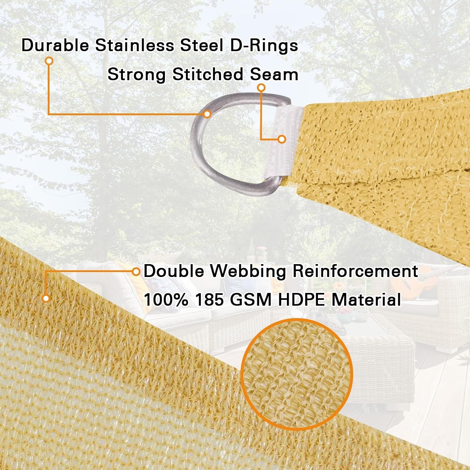 Detailed close-up of reinforced stitched seam, double webbing and metal D-ring on sand-colored woven shade sail