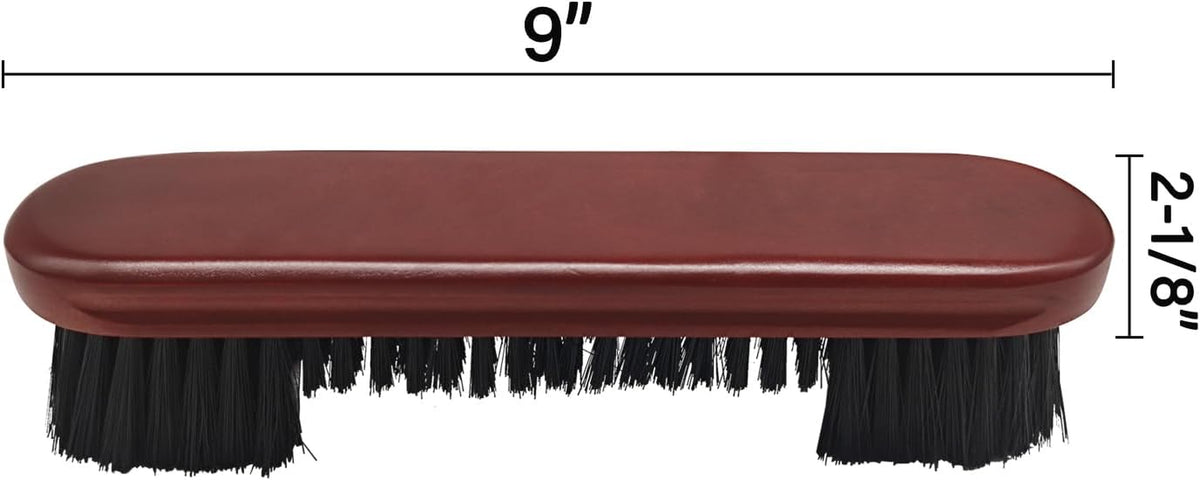 Top view of a wooden pool table brush with measurement lines showing its length and height.
