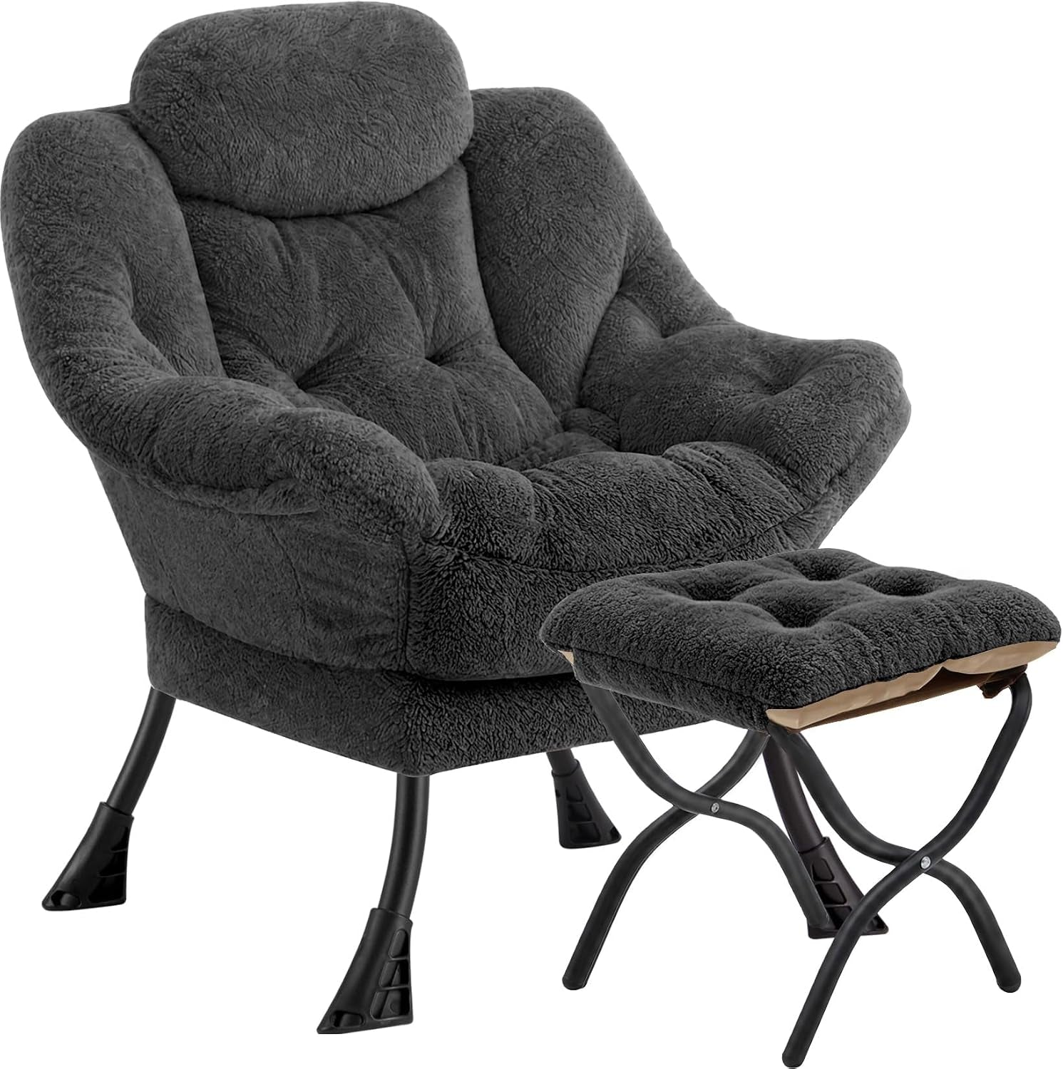 Plush dark charcoal folding lounge chair with matching ottoman on a white background.