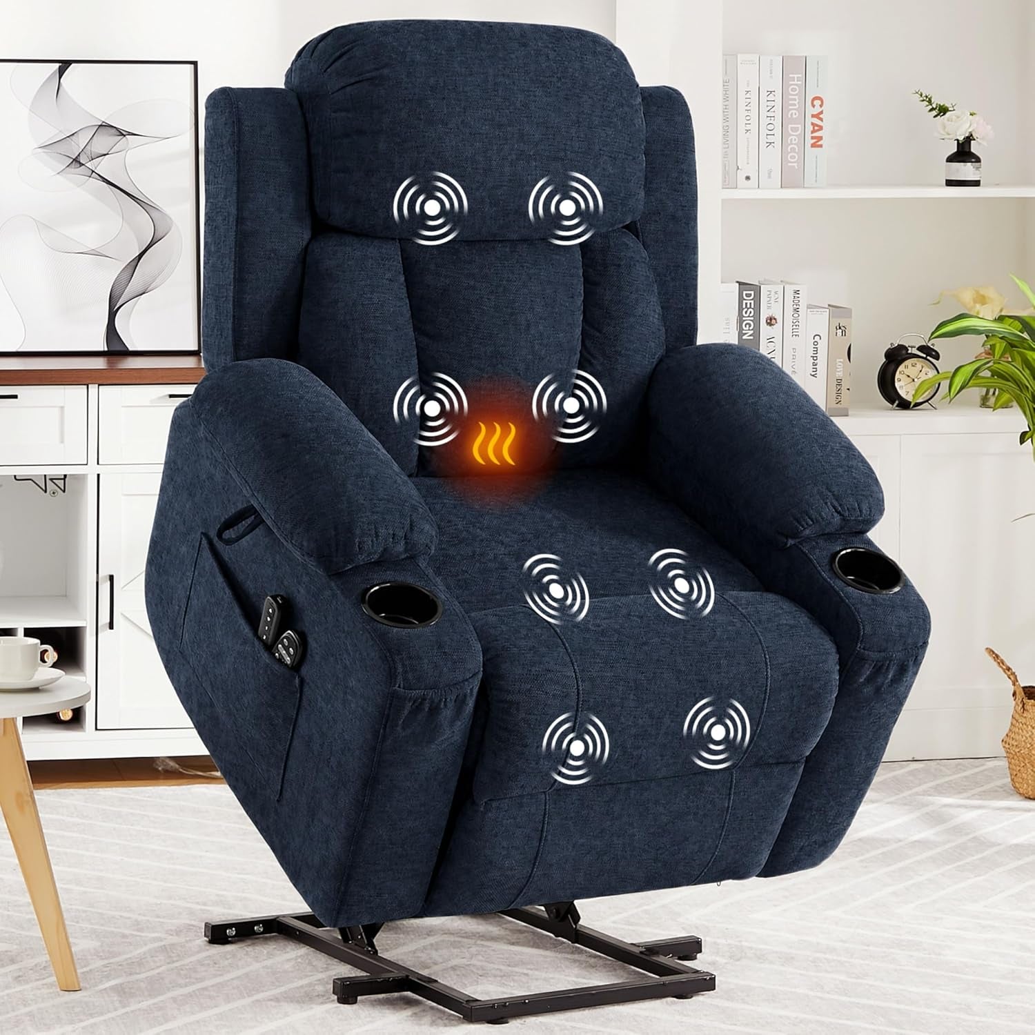 Blue reclining lift chair lifted upright with white vibration icons and an orange lumbar heat glow shown over the seat.
