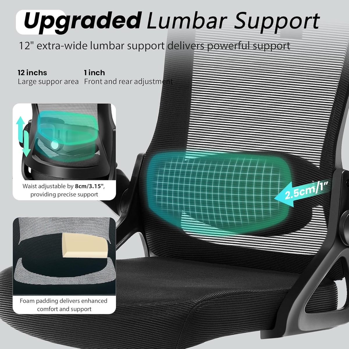 Close-up of chair back and seat showing adjustable lumbar support overlay and foam seat padding illustration