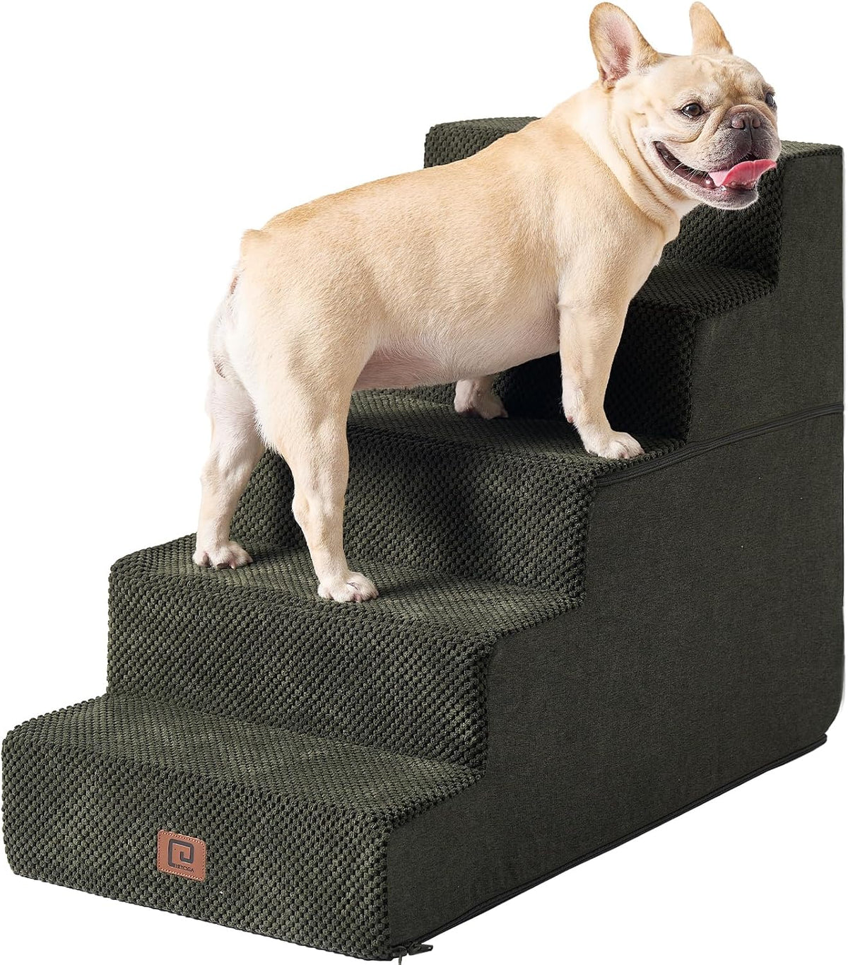 Cream-colored French bulldog on a four-step olive green textured pet staircase