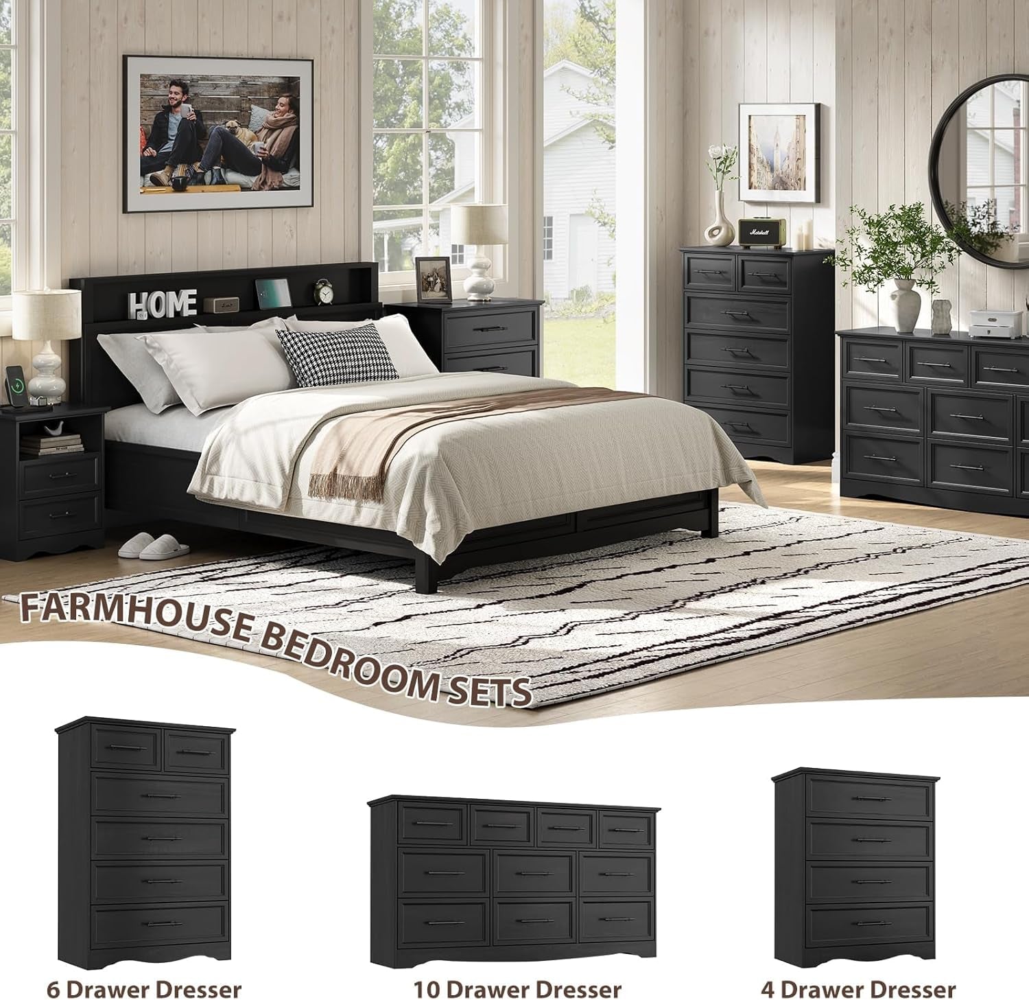 Bedroom scene with black bed, matching black nightstand and tall black chest near a window.