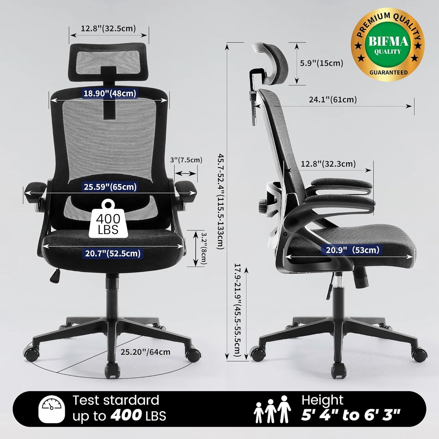 Front and side dimension diagram for the mesh office chair with labeled heights and a 400 lb capacity callout