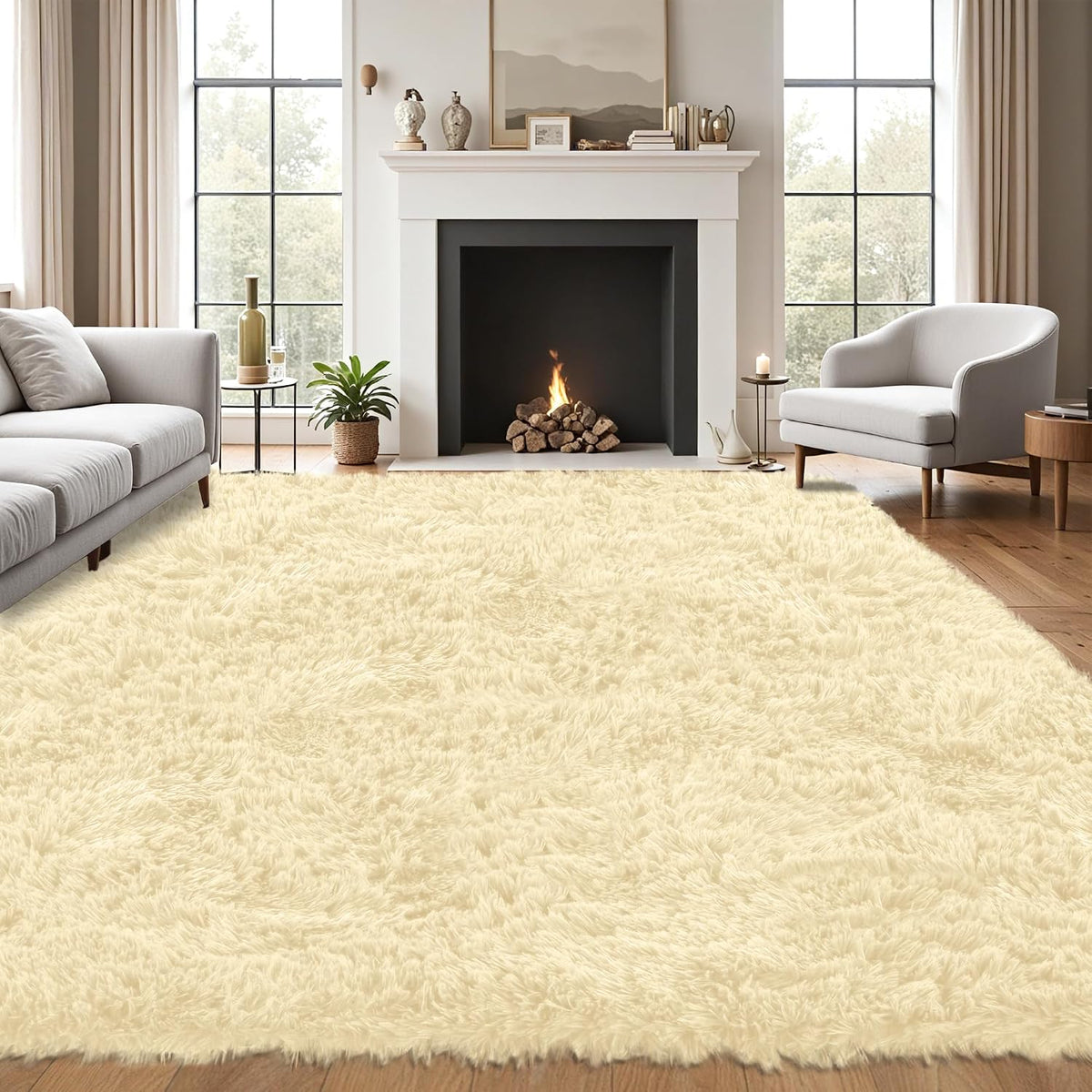 Cozy living room with a fireplace and a large cream-colored shag rug filling the floor.