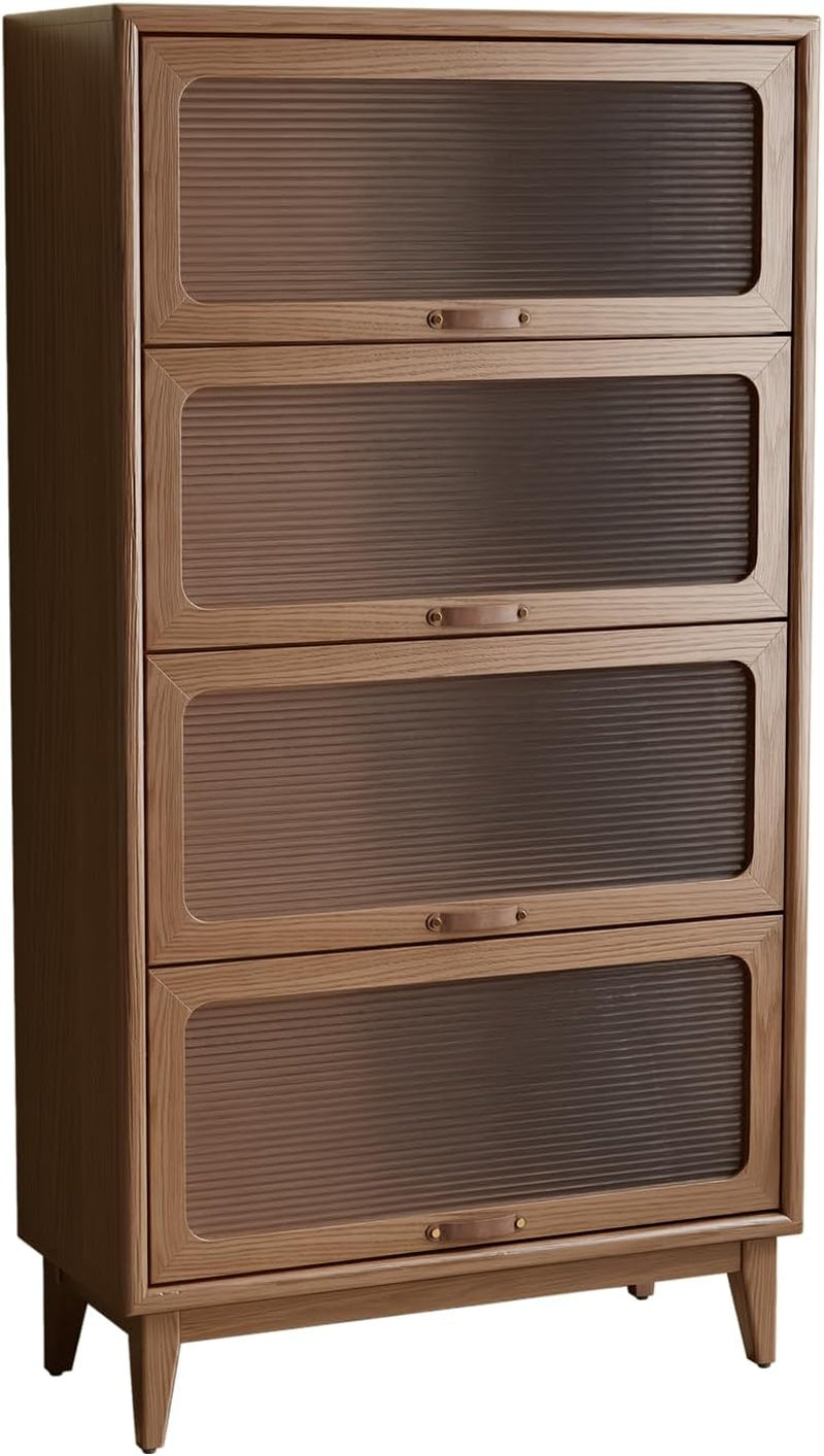 Front view of a medium wood four-tier bookcase with ribbed smoked-glass flip doors and tapered legs, doors closed