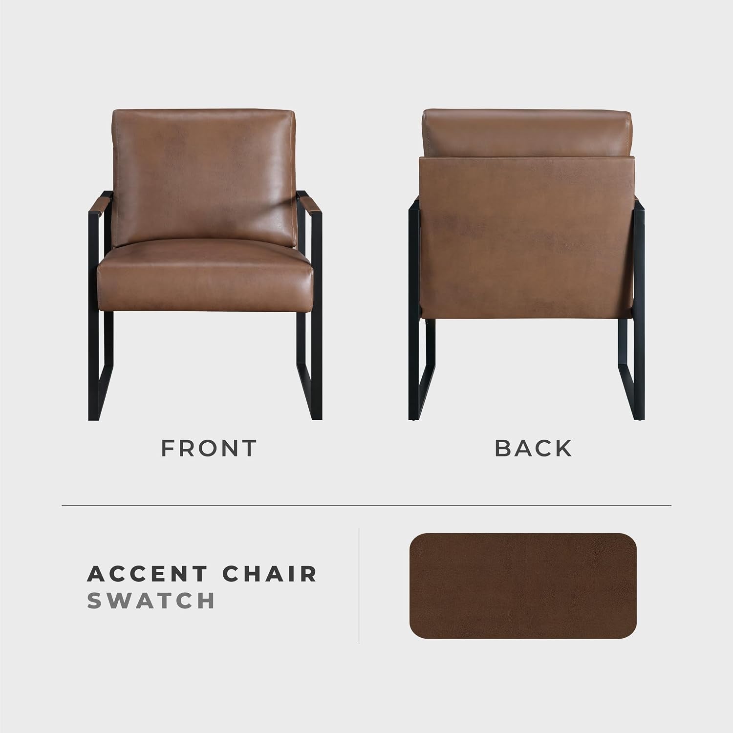 Front and back studio views of brown faux leather accent chair showing overall silhouette and swatch
