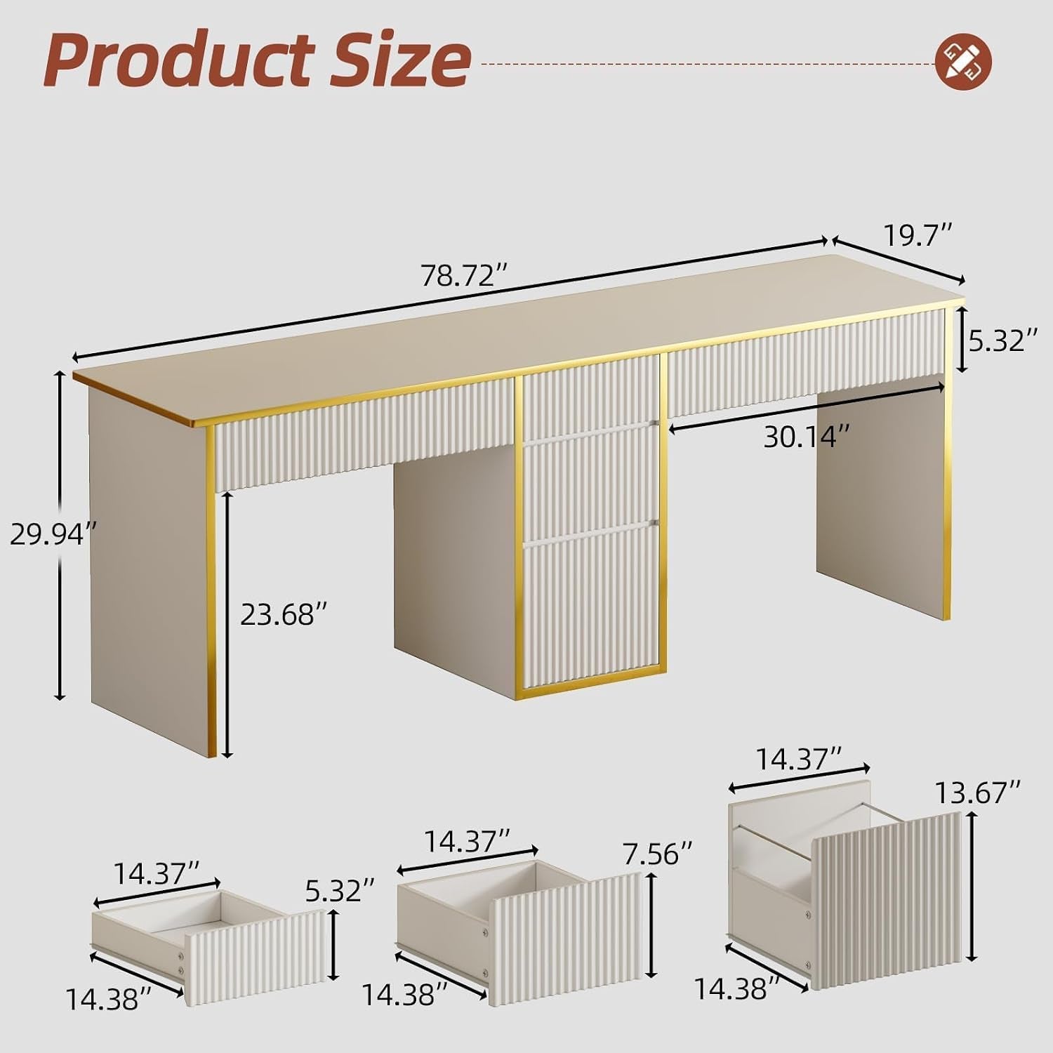 Schematic diagram showing desk overall dimensions and individual drawer measurements with arrows