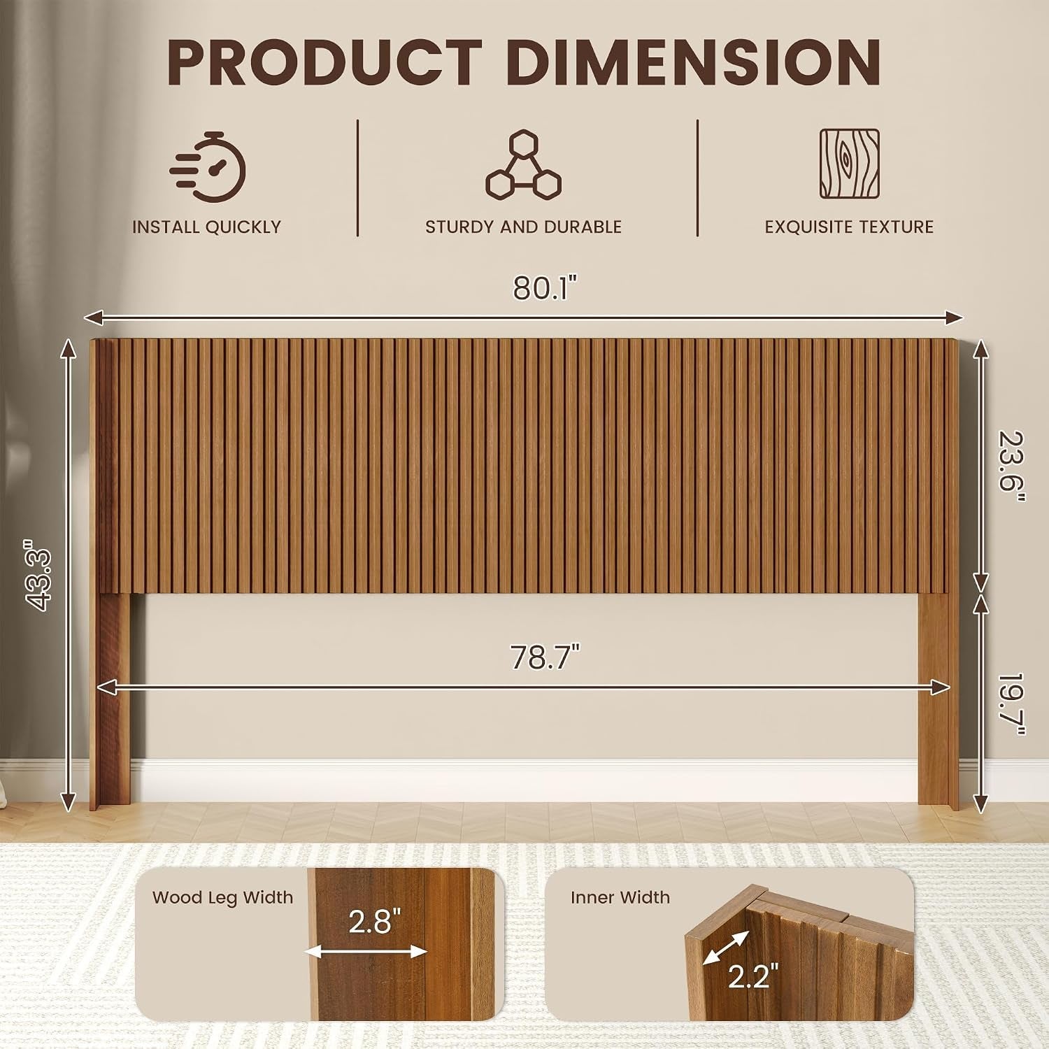 Diagram showing headboard dimensions with arrows and measurement callouts plus insets of leg width and inner groove width
