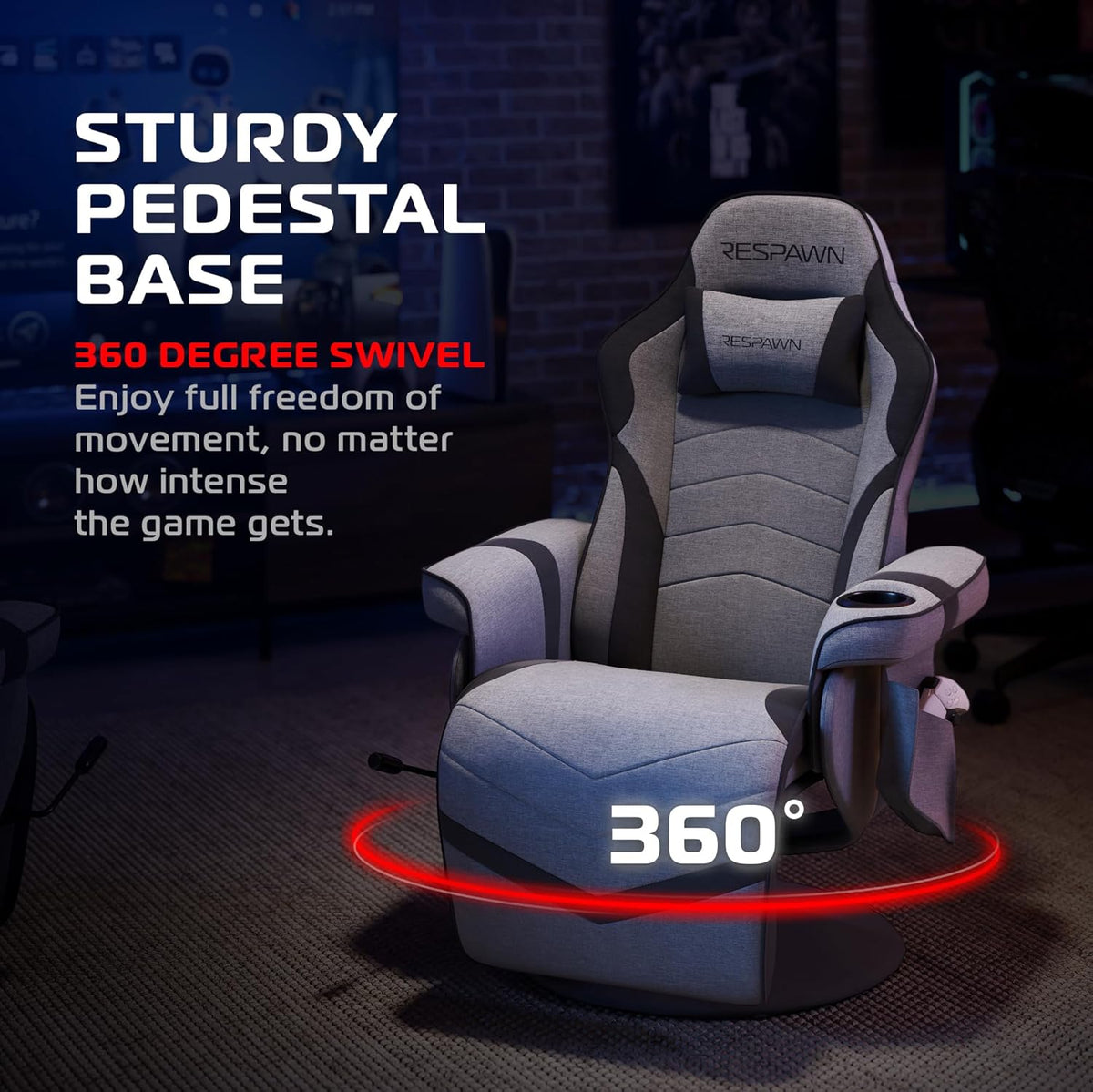 Full view of grey fabric gaming recliner on a round pedestal base showing 360° swivel