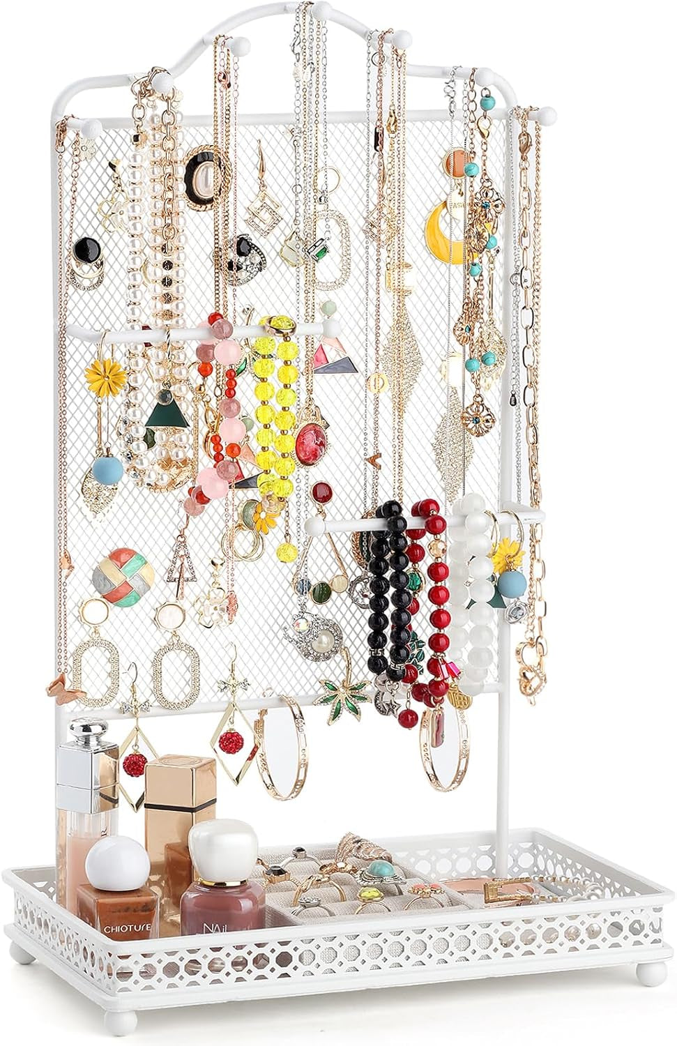 White metal mesh jewelry organizer displayed with colorful necklaces, rings in the tray, and cosmetics at the base.