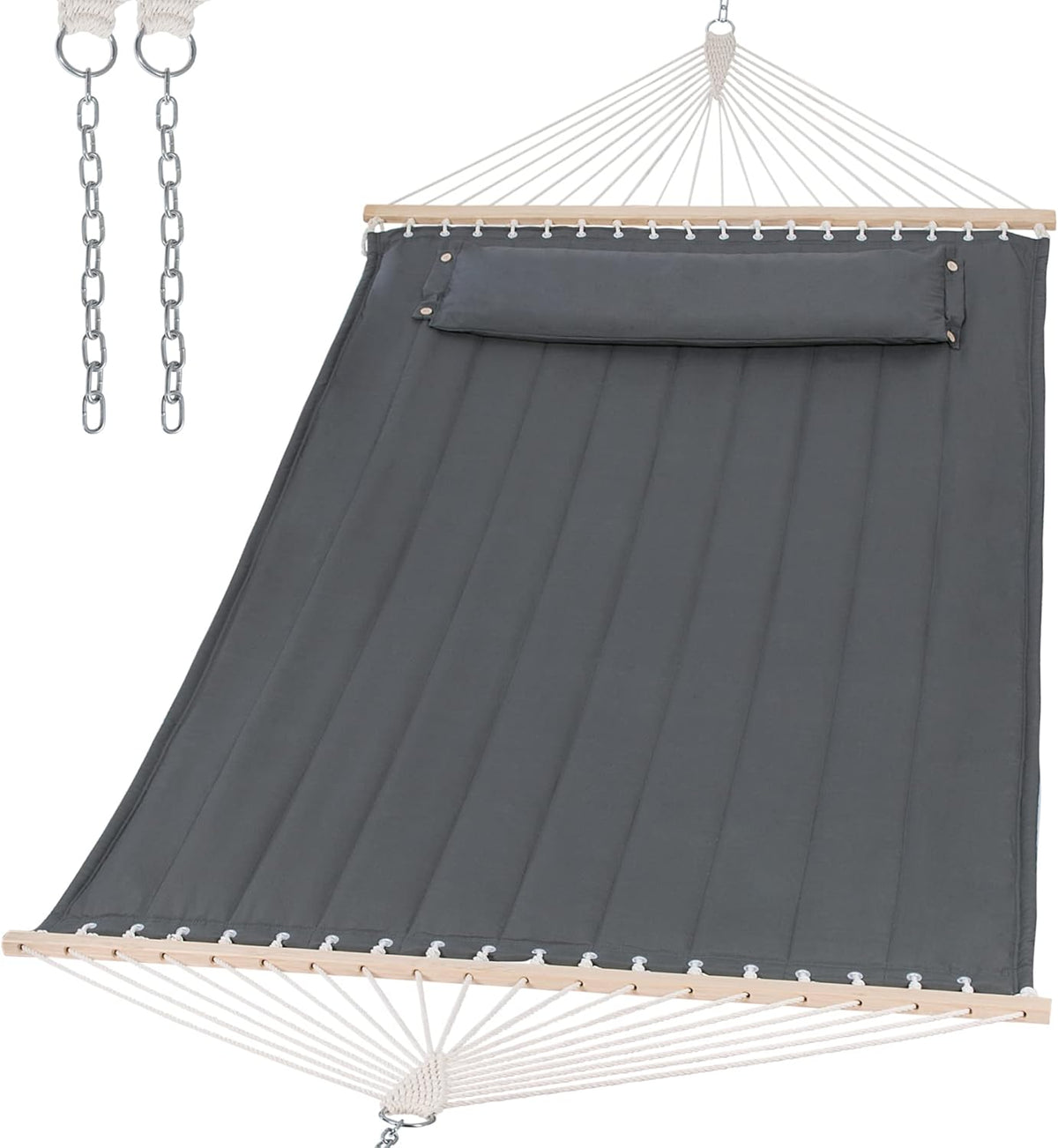 Top-down product view of a charcoal padded hammock with hardwood spreader bars, pillow and hanging chains
