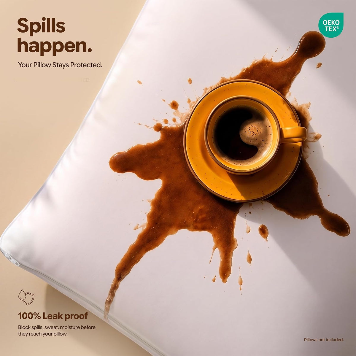White pillow protector with spilled coffee on top showing liquid on the surface and waterproof coating