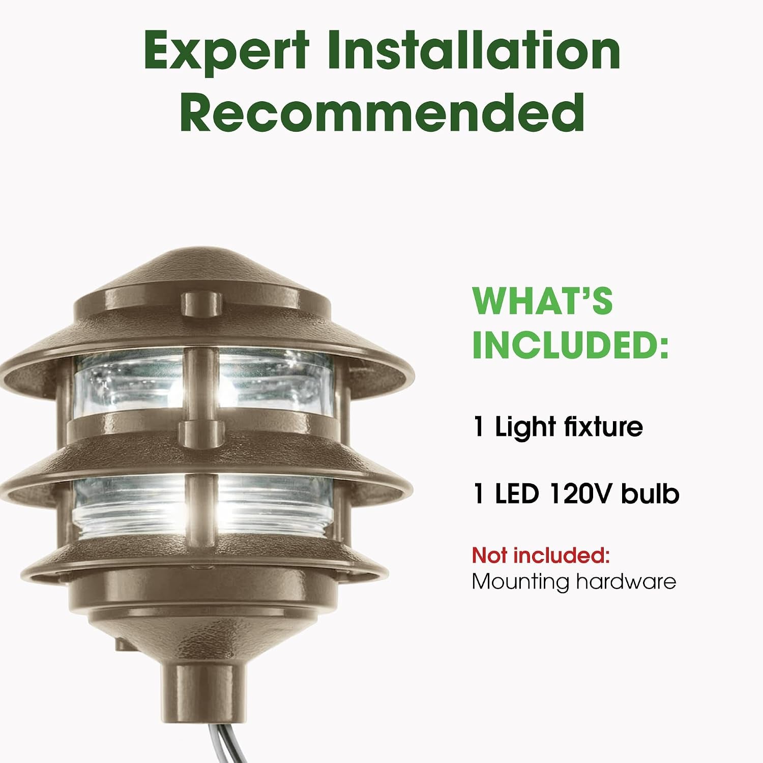 Bronze pathway light over white background with 'What's included' text and visible cable and fixture details