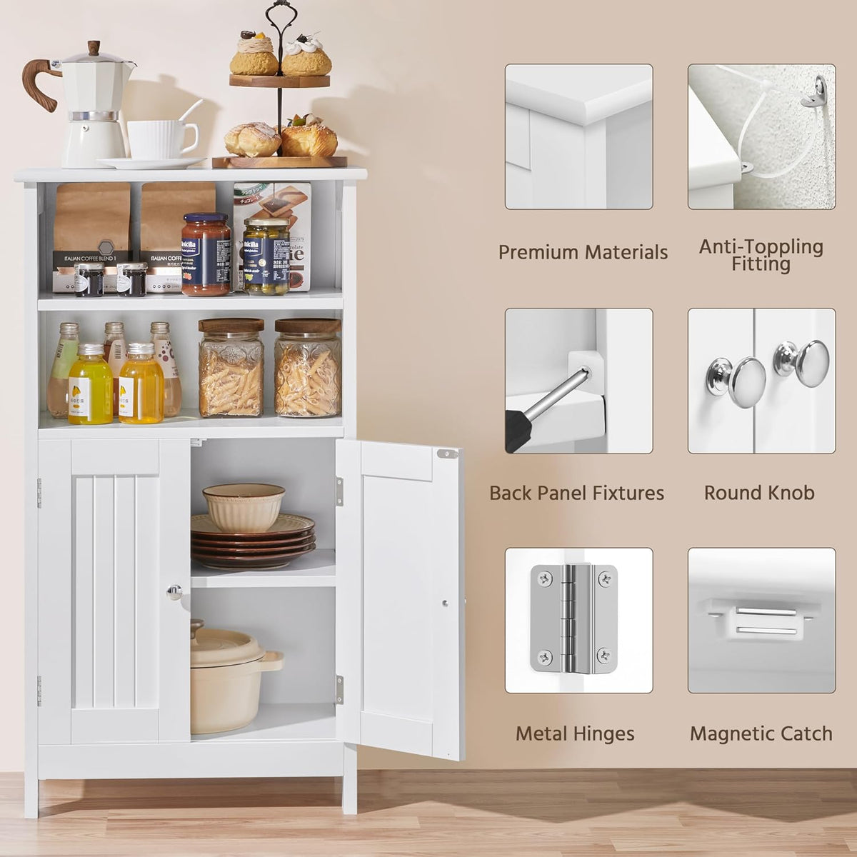 Collage of close-up details of the white cabinet showing corner profile, round metal knob, metal hinge and back panel fixture
