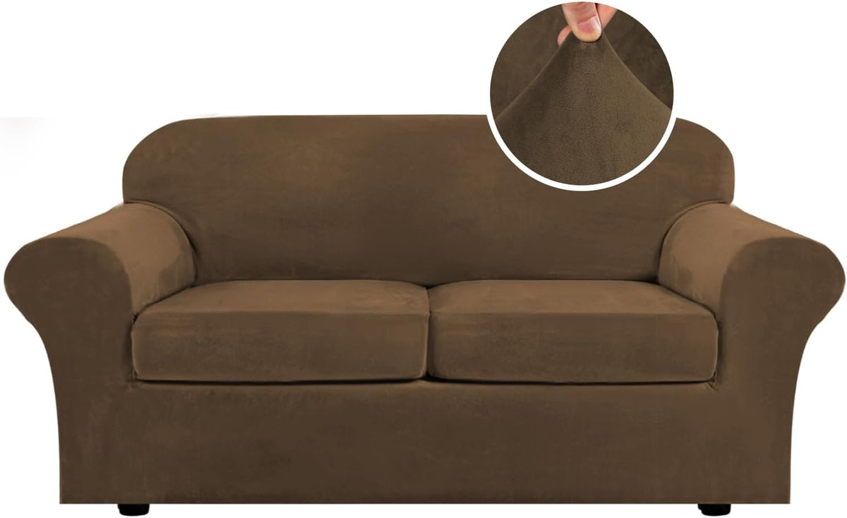 Front view of a two-seat loveseat showing brown slipcover and inset close-up of the soft fabric texture.