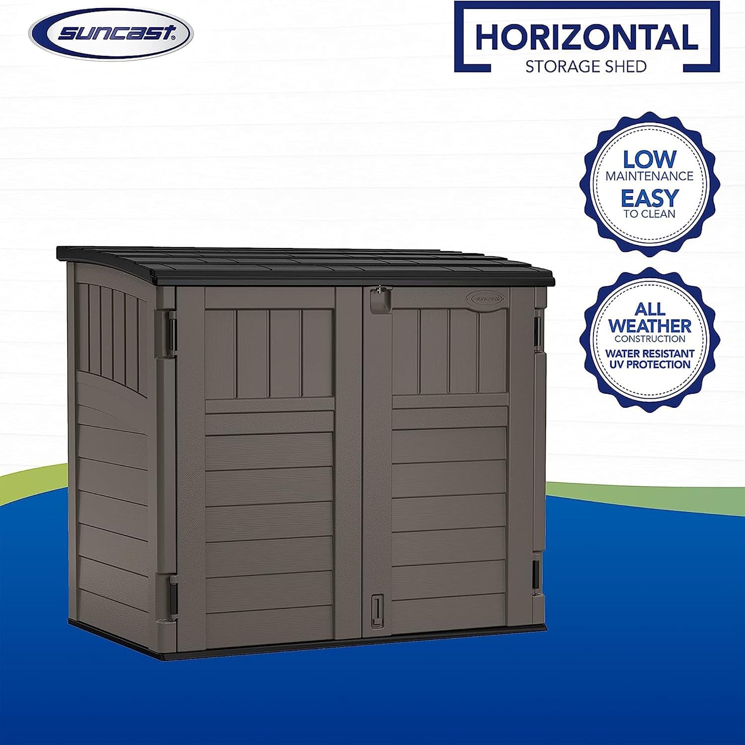 Stoney Black horizontal storage shed on a plain background with feature icons and product framing
