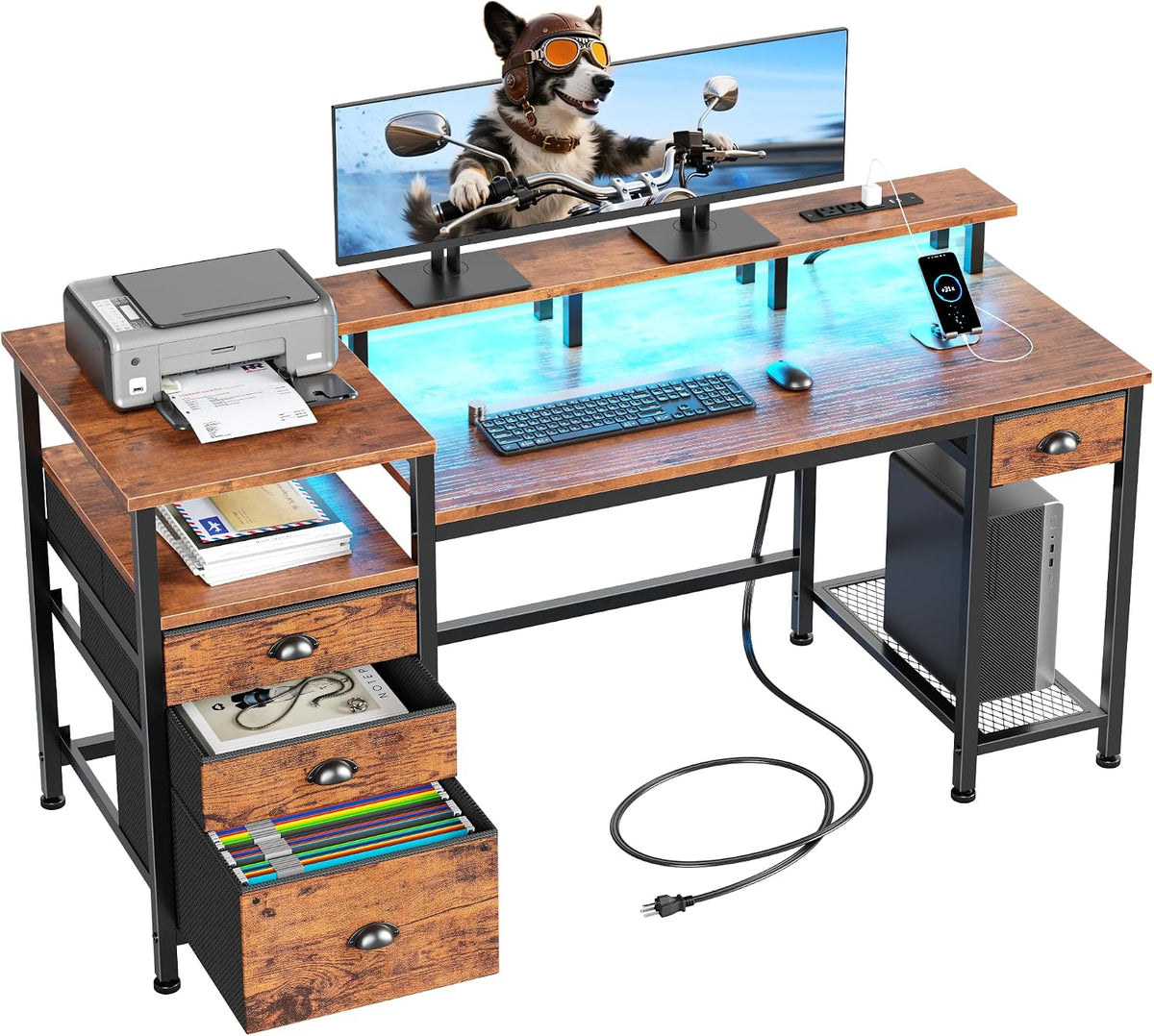Brown wood–finish desk with printer on left top, three stacked fabric drawers and blue LED glow under raised shelf.