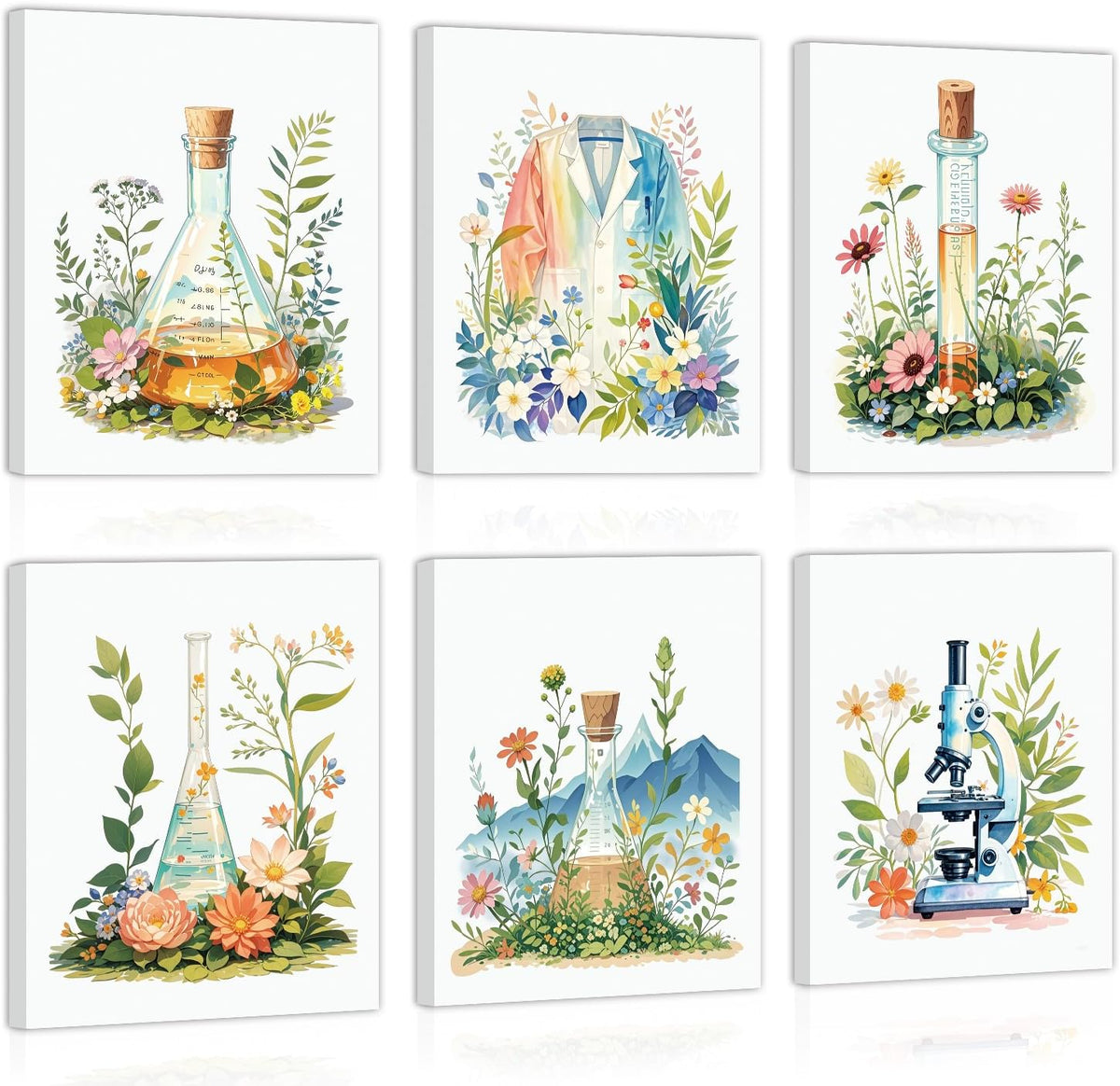 Six framed botanical illustrations featuring lab glassware, a lab coat and a microscope surrounded by flowers.