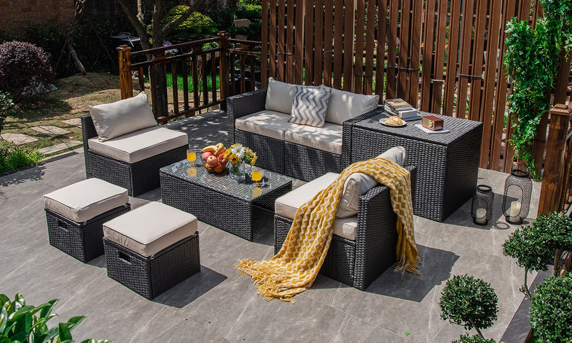 8 Pieces Patio Rattan Storage Table Furniture Set