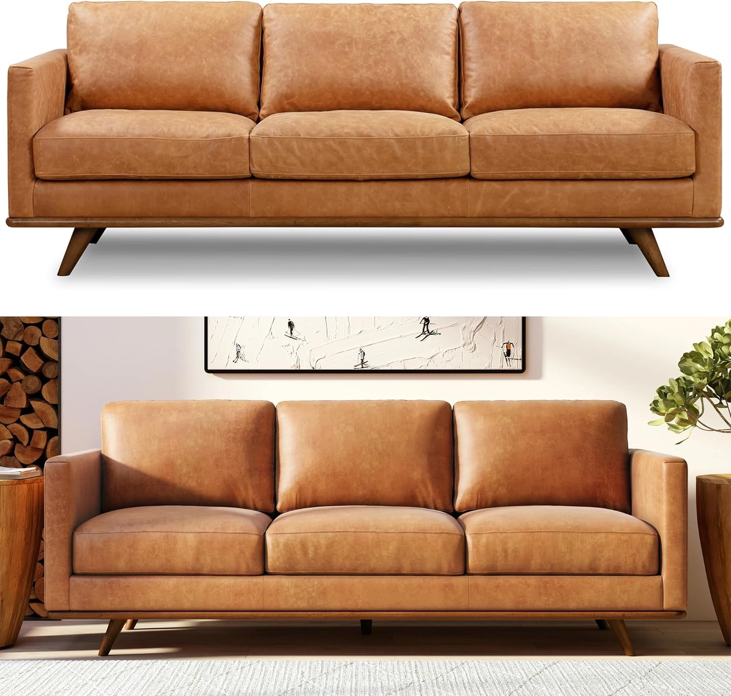 POLY & BARK Nolita 85” Leather Sofa – Full-Grain Italian Aniline Leather, Feather-Down Comfort, Solid Wood Base – Cognac Tan