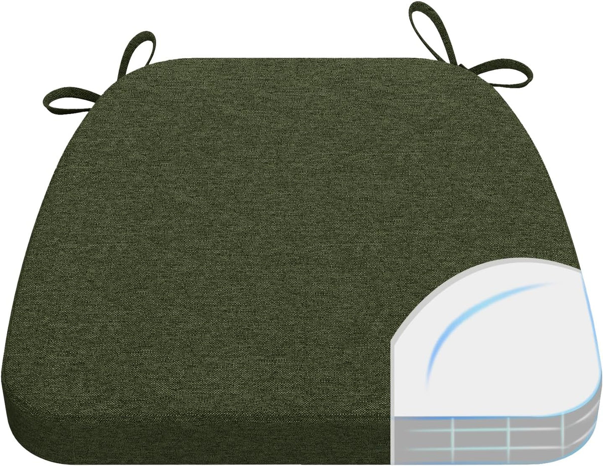 Top view of an olive green D-shaped chair cushion with tied loops and a small cutaway illustration showing layered interior.