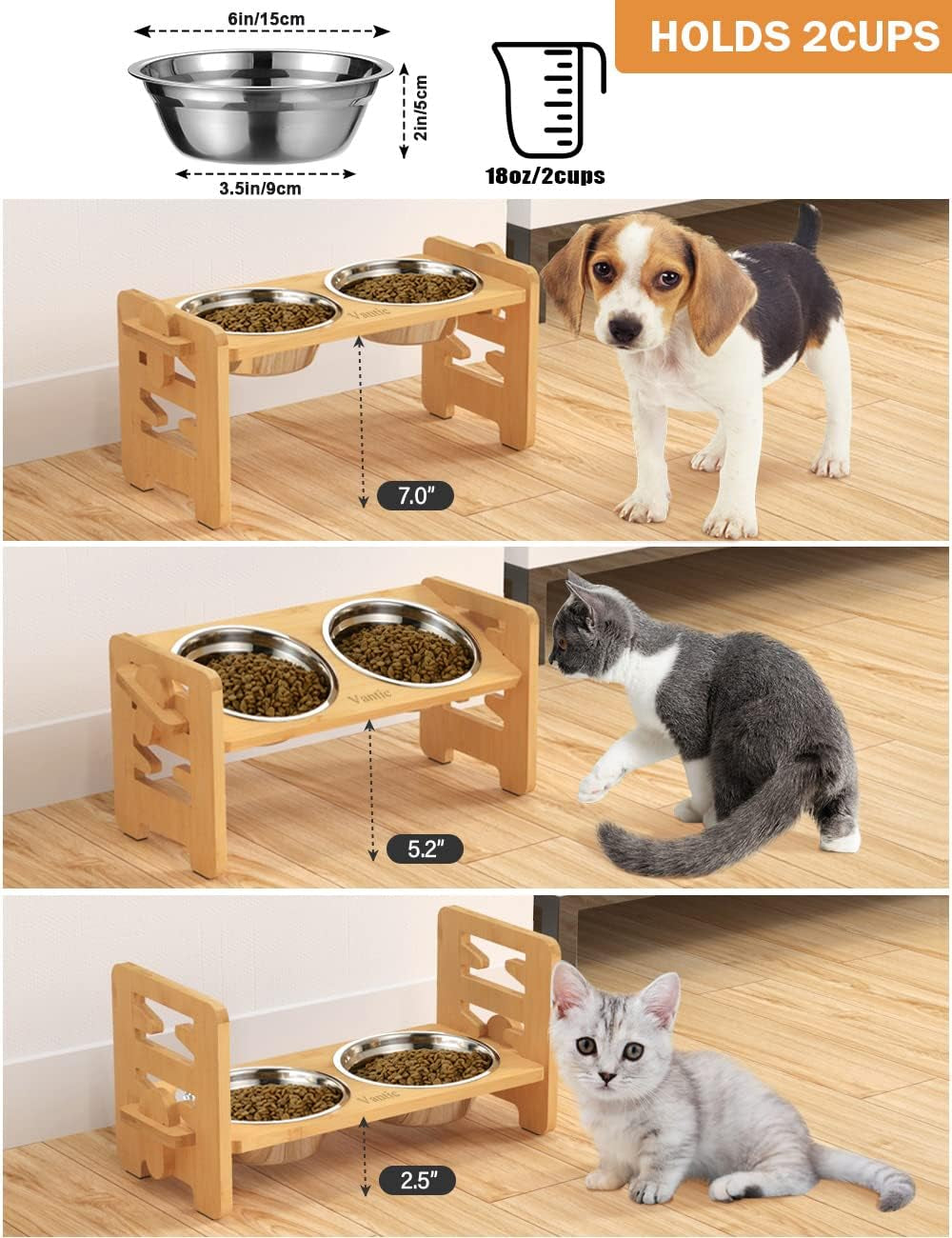 Top diagram and three lifestyle scenes showing bowl dimensions and three adjustable heights with a dog and kittens.