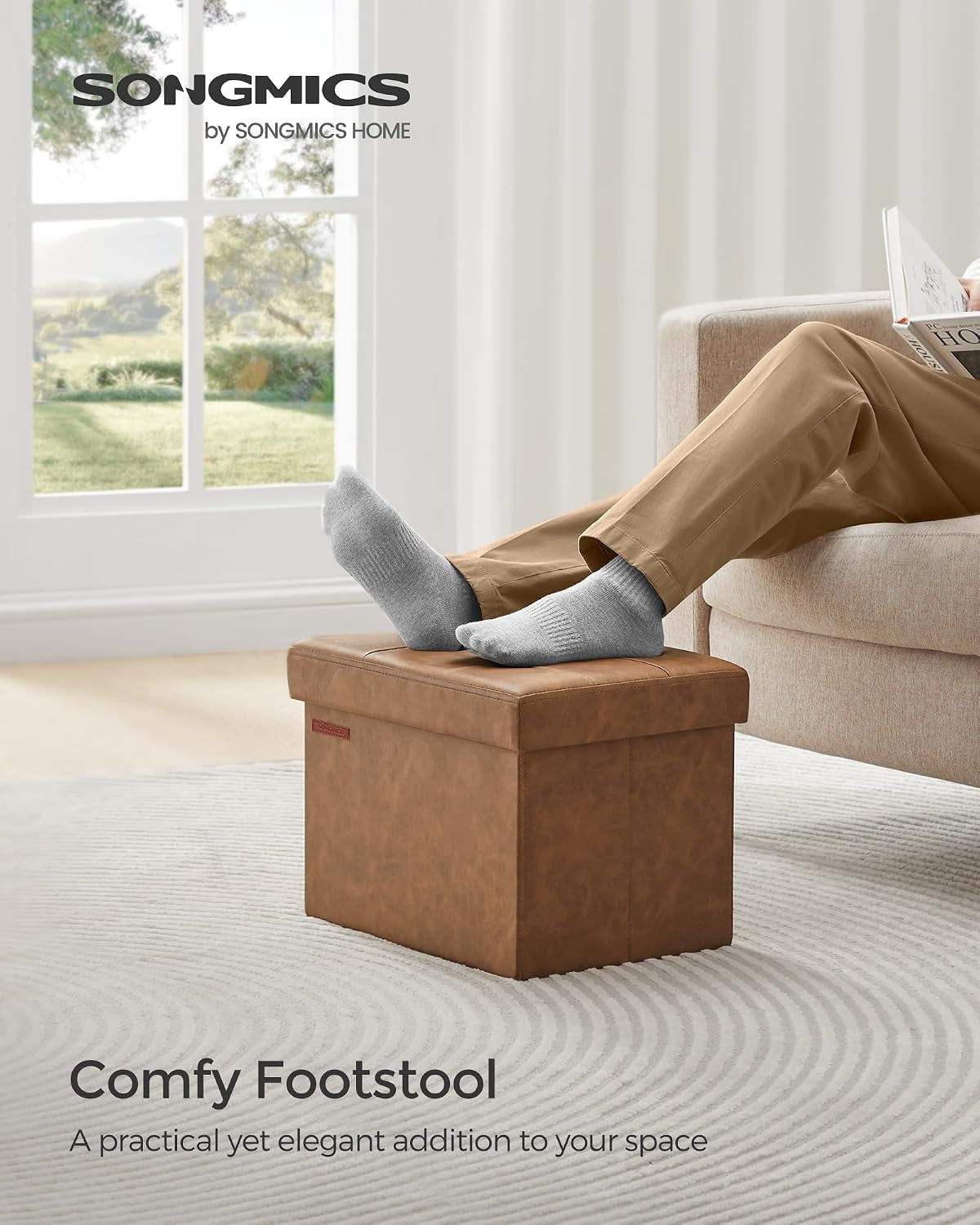 Coffee brown ottoman used as a footstool next to an armchair in a living room setting