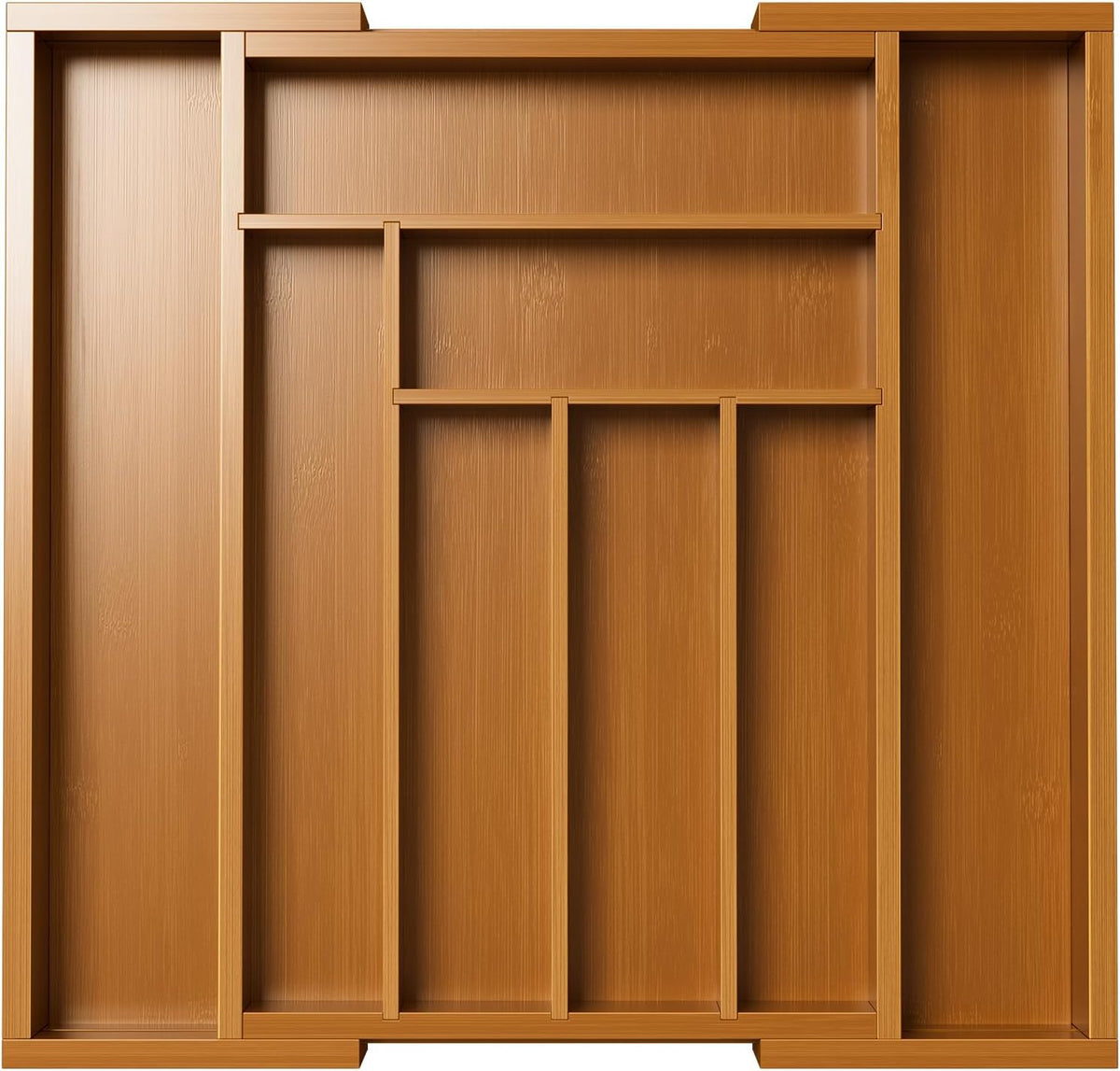 Front close-up of a natural bamboo expandable silverware tray with visible wood grain and five vertical compartments.
