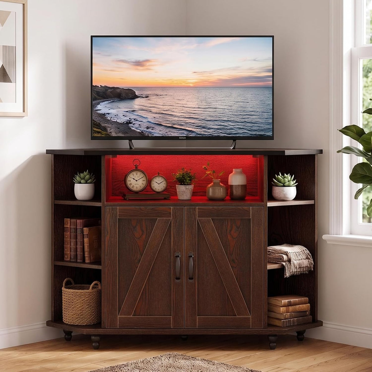 Dark wood corner TV stand with a TV above, red LED-lit center shelf and potted succulents and books in cubbies.