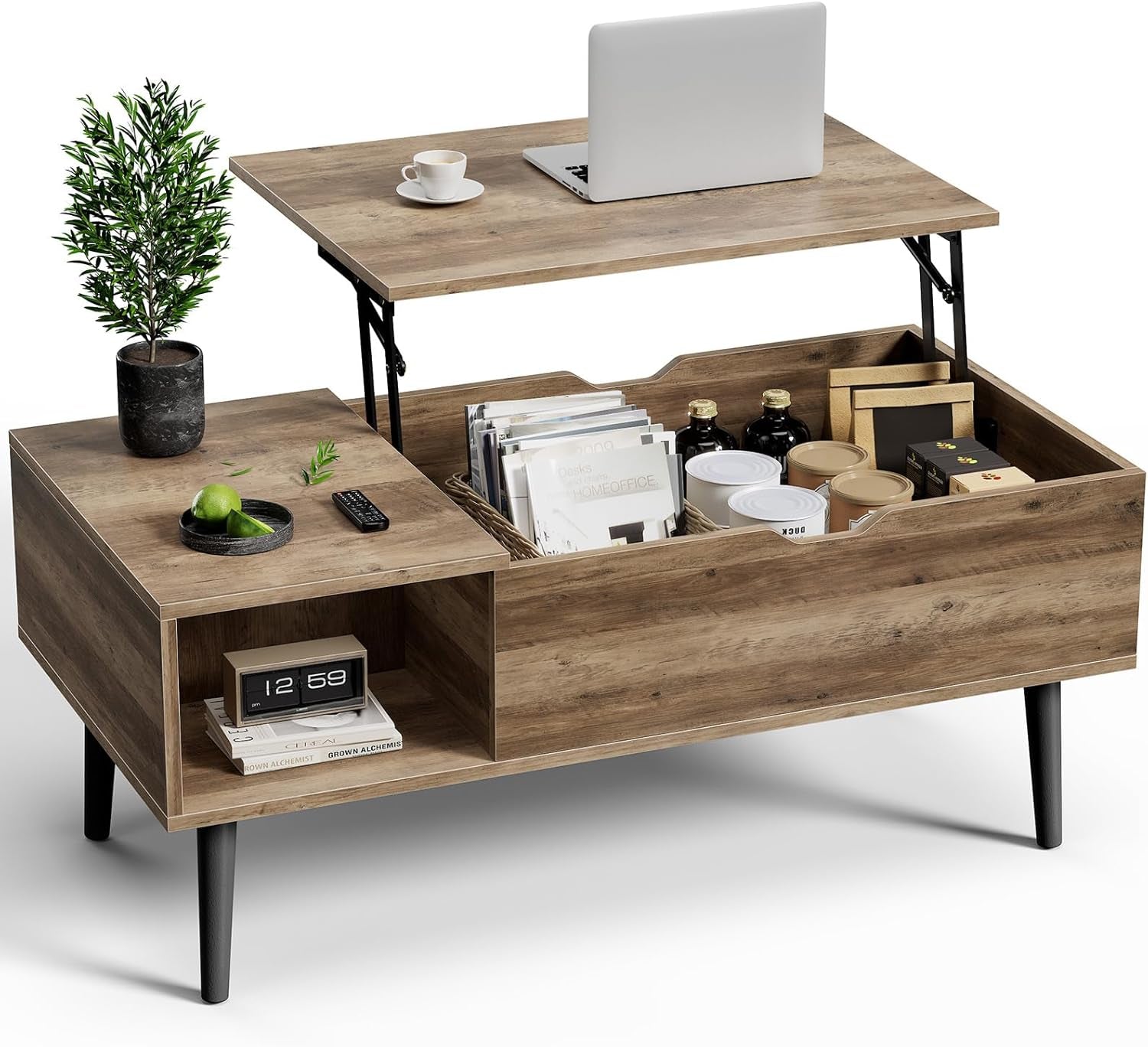 Light wood lift-top coffee table on black legs with open storage filled with magazines and containers.