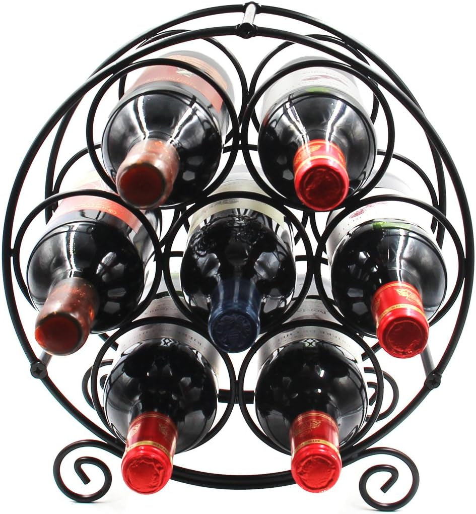 Front view of black circular wine rack showing wine bottle necks visible through round storage rings.