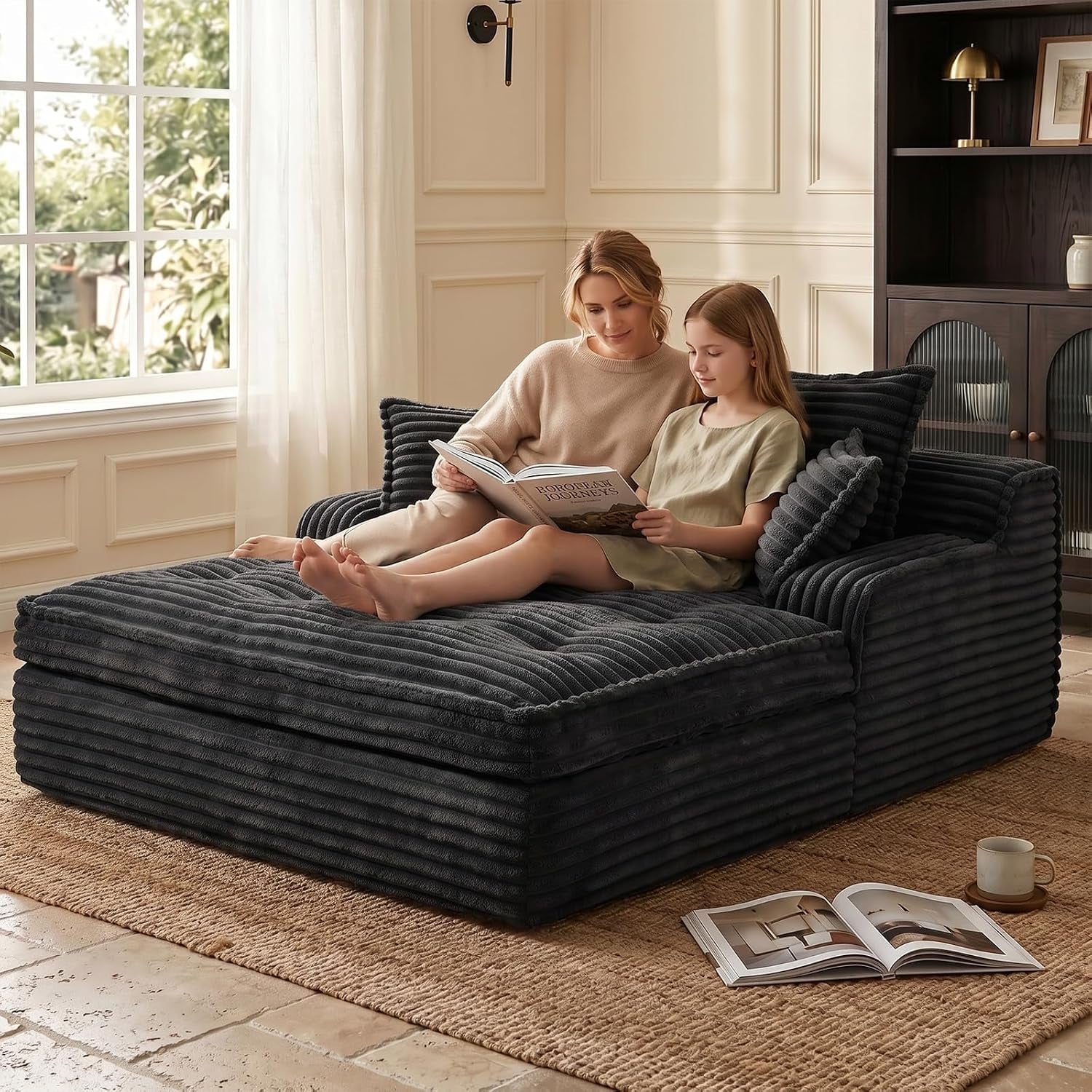 Dark gray chaise set up as a wide lounge with two people reading together