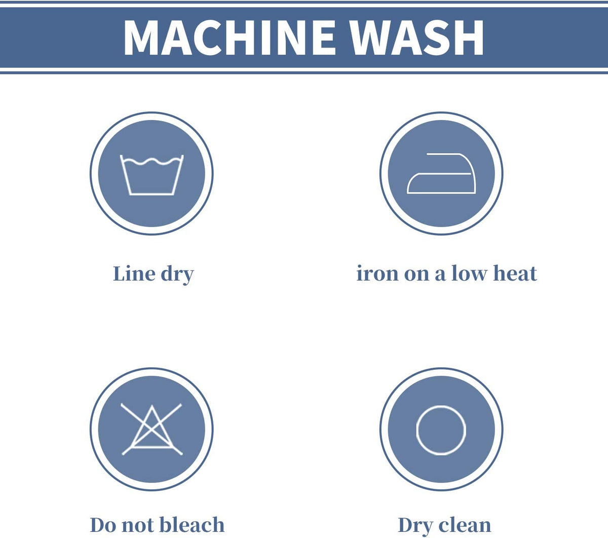 Four blue circular laundry icons arranged on a white background representing care instructions.