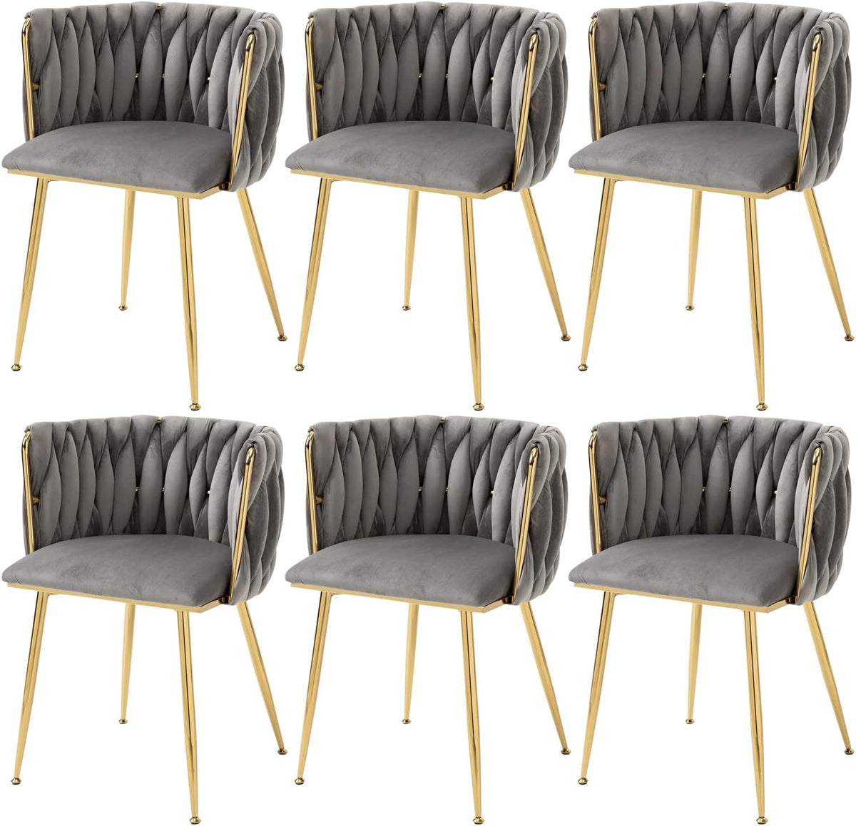 Six gray velvet dining chairs with tufted quilted backs and polished gold legs shown in two rows.